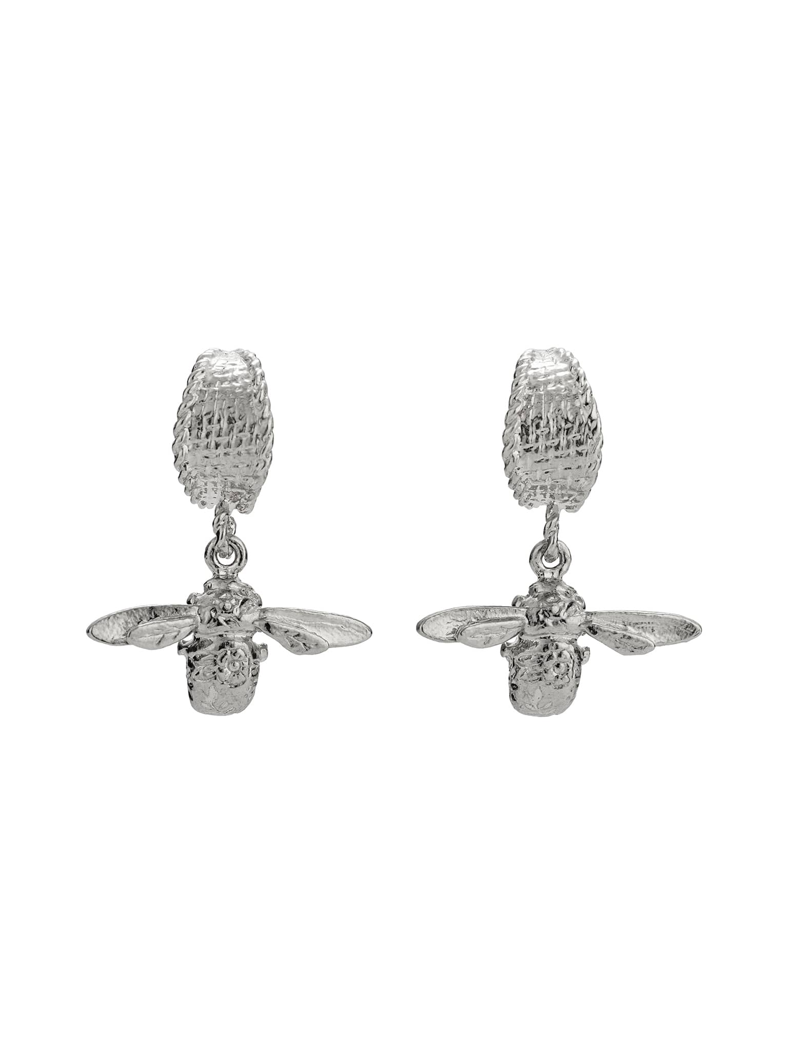 Basket Weave Huggie Hoop Earrings with Floral Engraved Inbetweeny Bee Drops - image 8 | silver