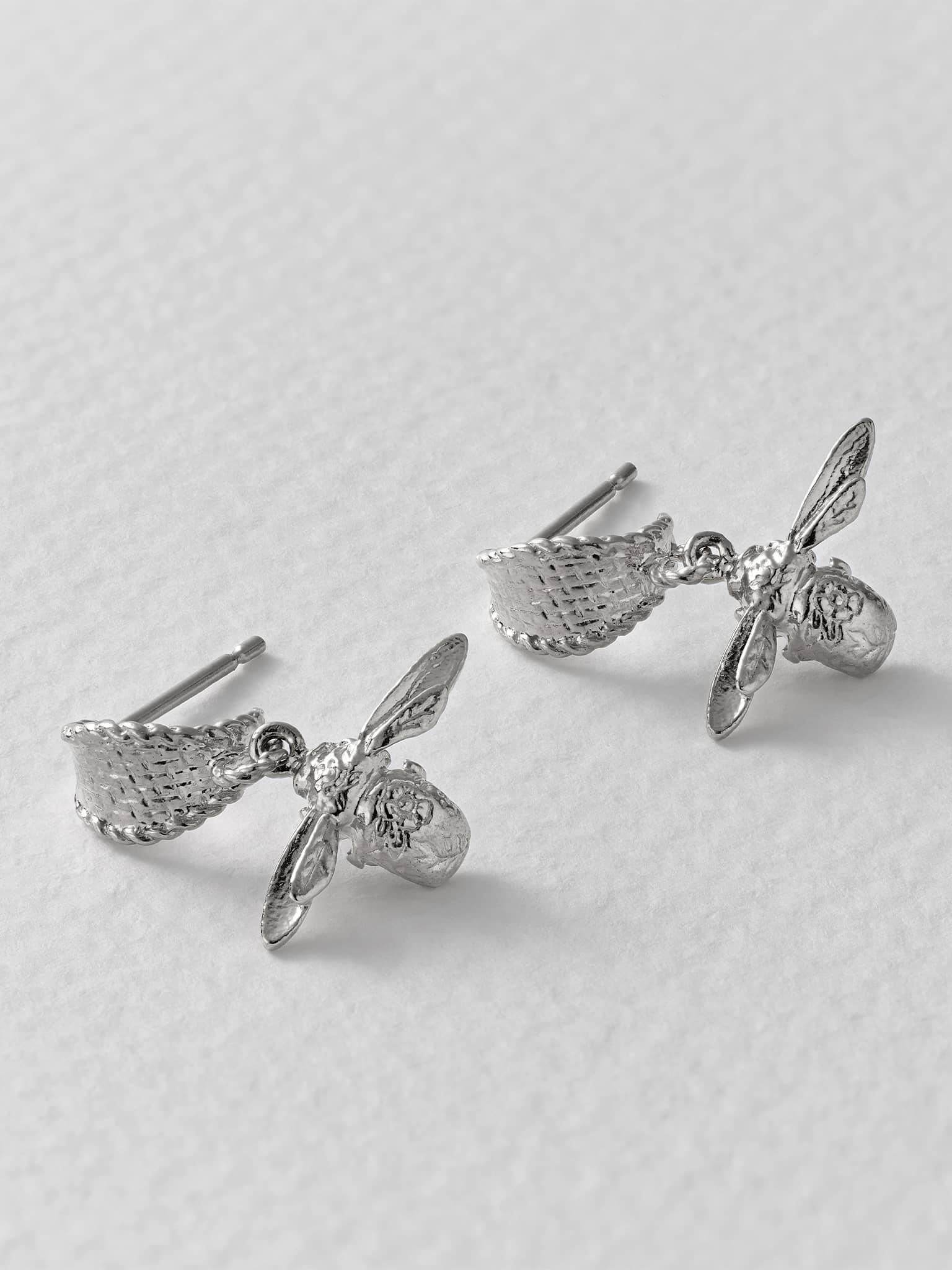 Basket Weave Huggie Hoop Earrings with Floral Engraved Inbetweeny Bee Drops - image 7 | silver