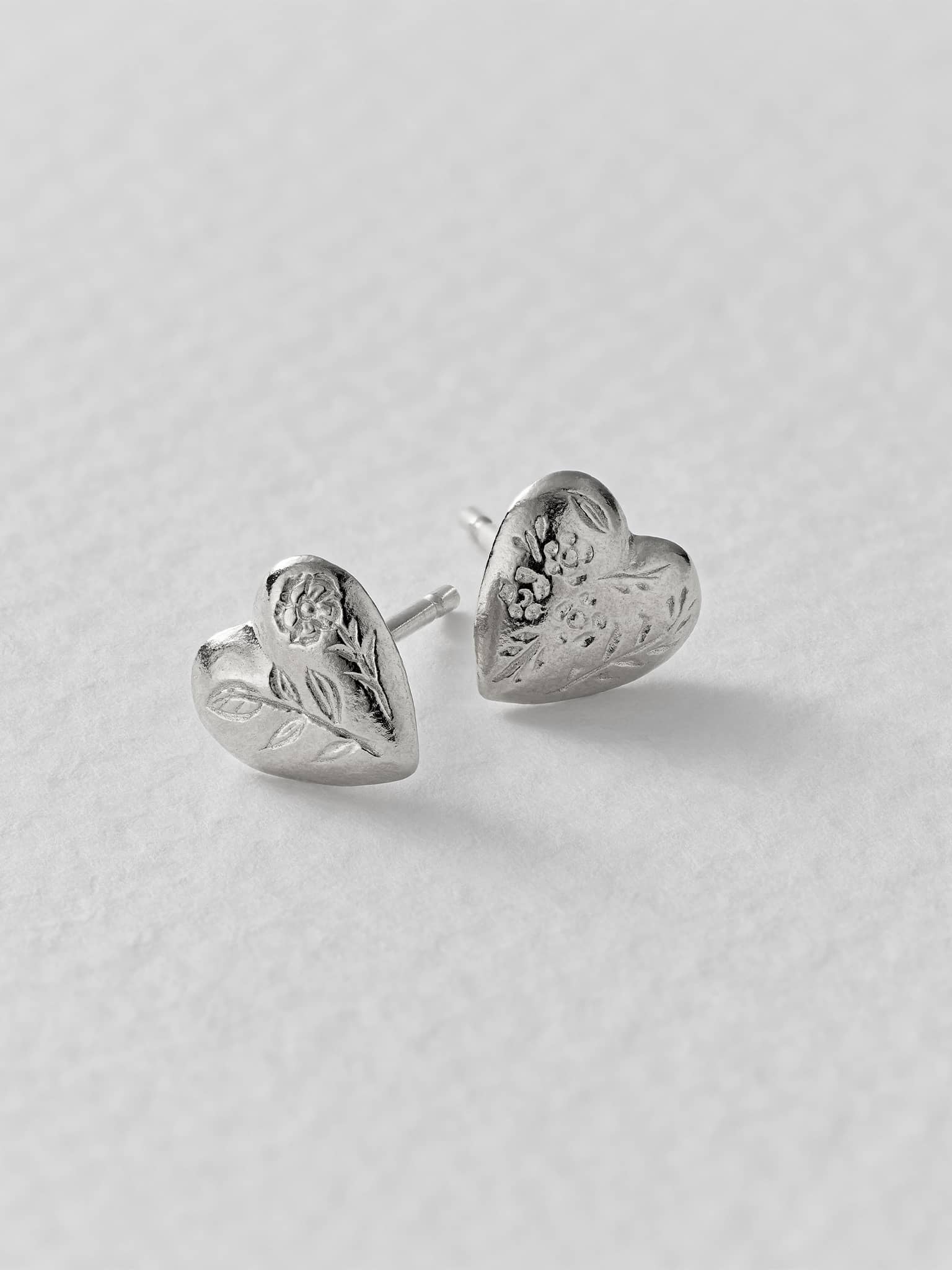 Floral Engraved Heart Stud Earrings - image 6 | silver