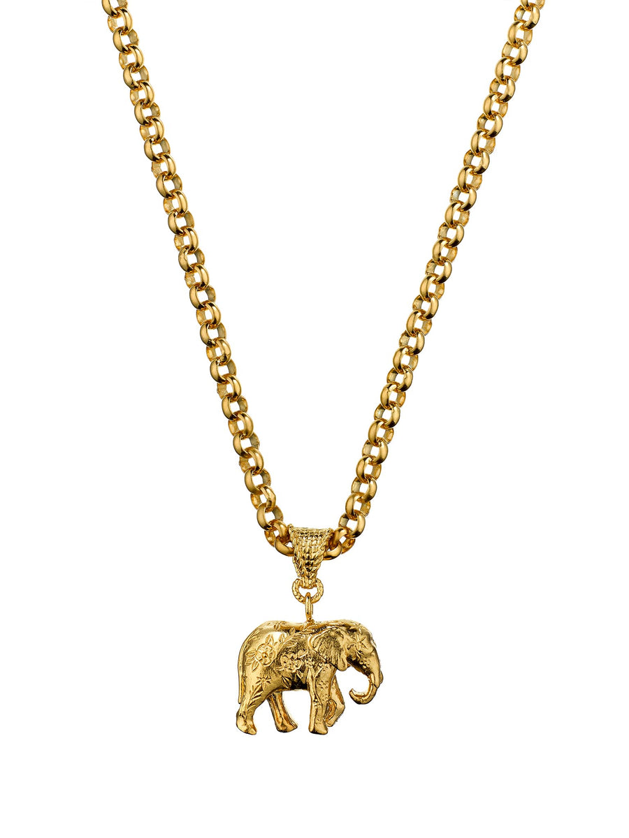 Floral Engraved Elephant Necklace on Belcher Chain