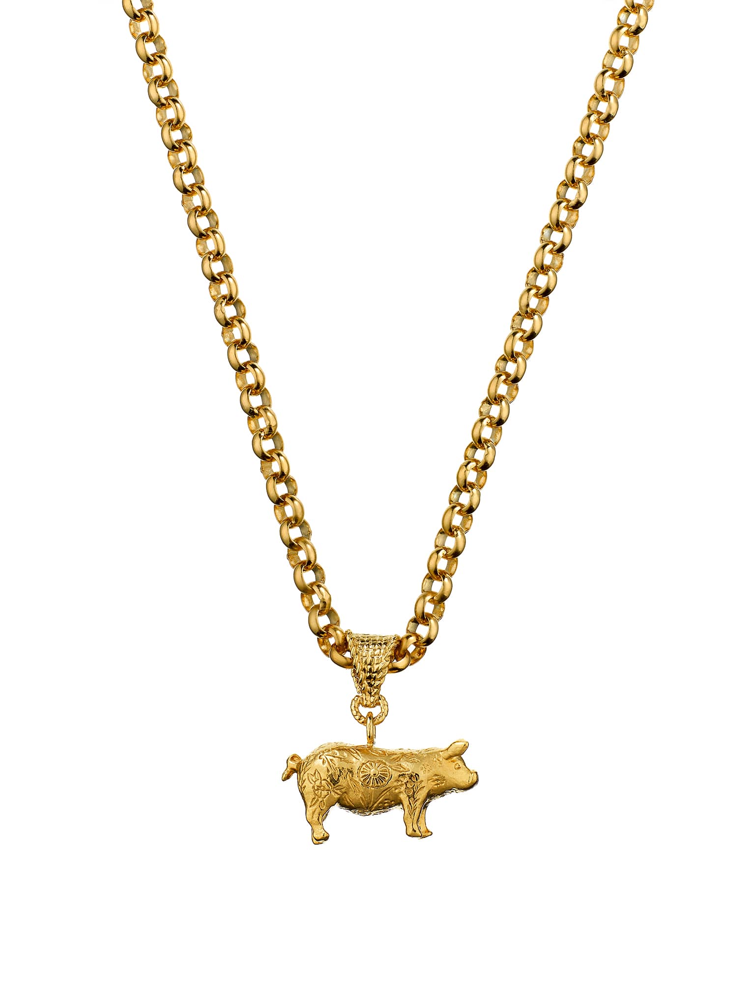 Floral Engraved Pig Necklace on Belcher Chain - image 1 | gold plate