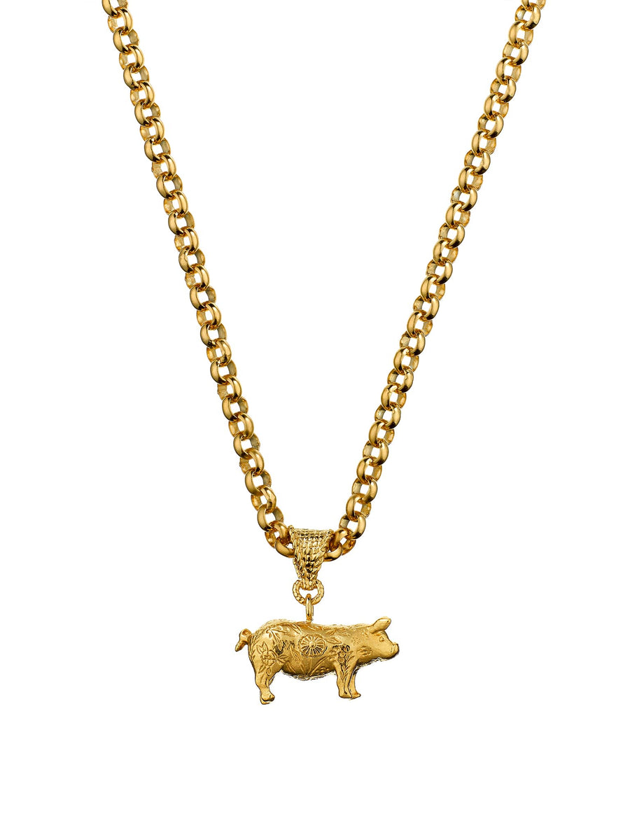 Floral Engraved Pig Necklace on Belcher Chain
