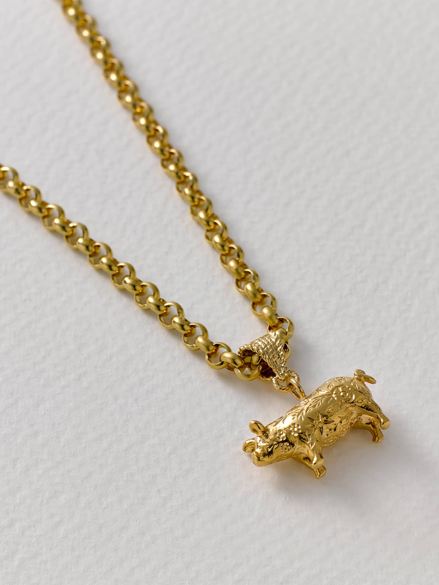Floral Engraved Pig Necklace on Belcher Chain - image 3 | gold plate