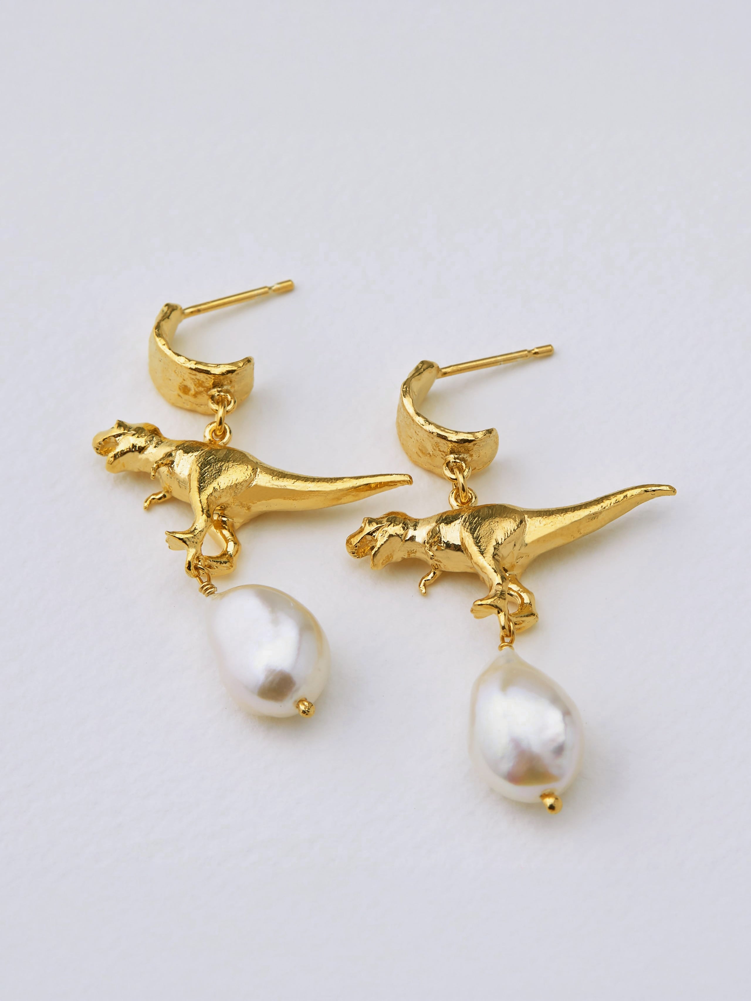 Tyrannosaurus Rex and Baroque Pearl Drop Earrings - image 3 | gold plate
