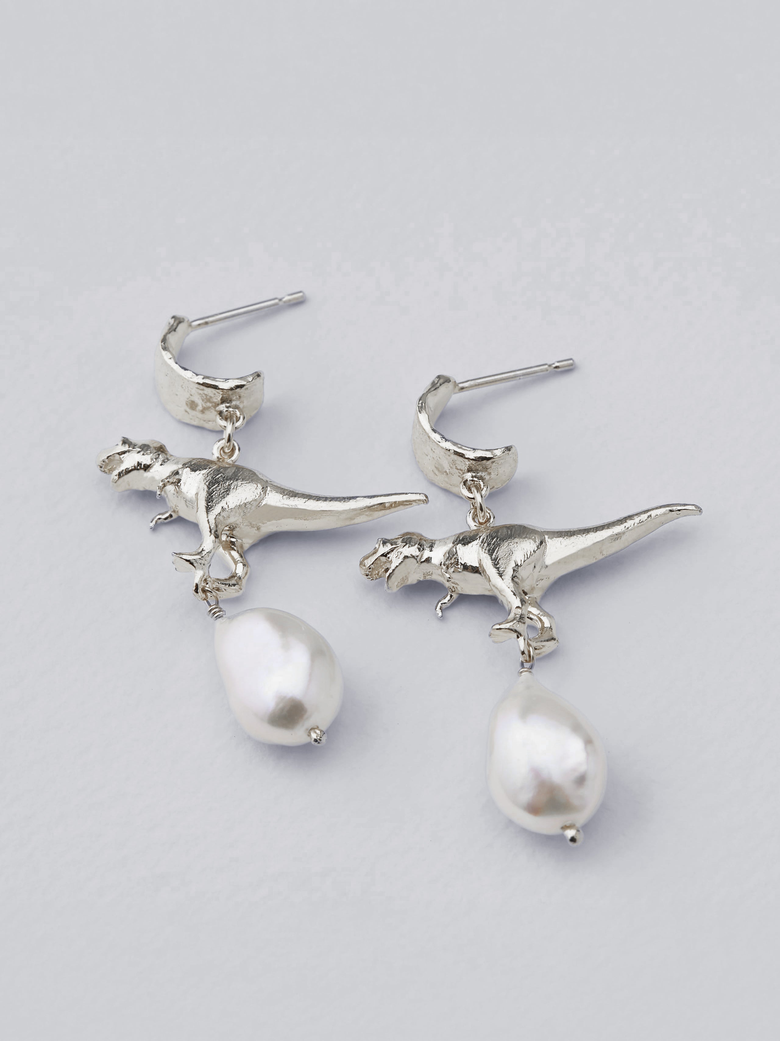 Tyrannosaurus Rex and Baroque Pearl Drop Earrings - image 7 | silver