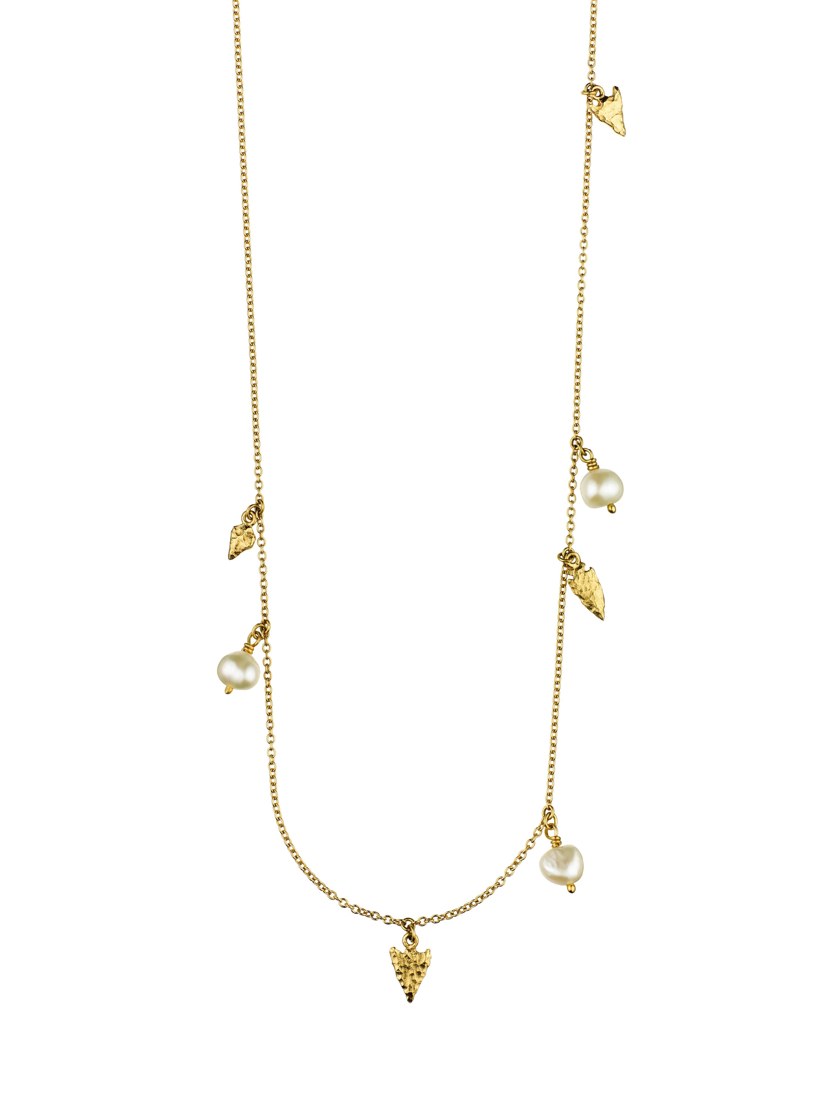 Flint Arrowhead and Freshwater Pearl Station Necklace - image 1 | 18ct yellow gold