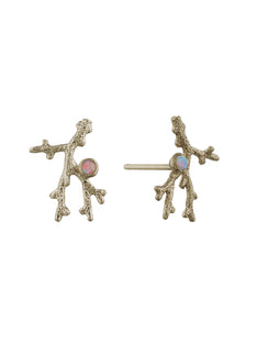 Coral Branch Stud Earrings with Opal