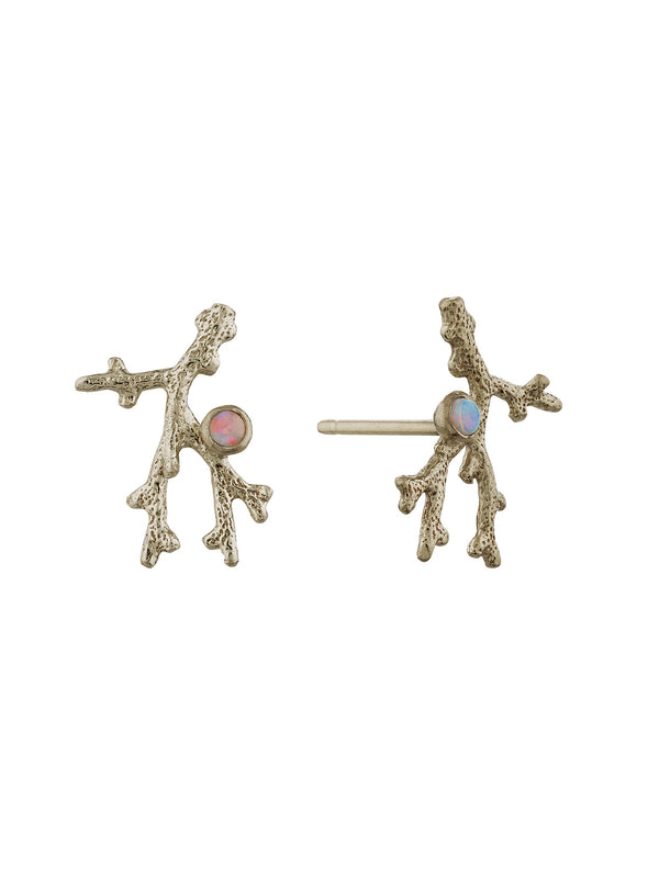 Coral Branch Stud Earrings with Opal