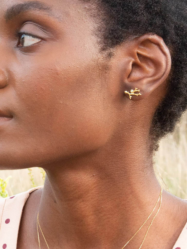 Coral Branch Stud Earrings with Opal