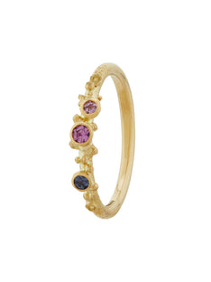 Coral Spray Ring with Three Bezel Set Lilac, Pink & Blue Sri Lankan Silky Sapphires