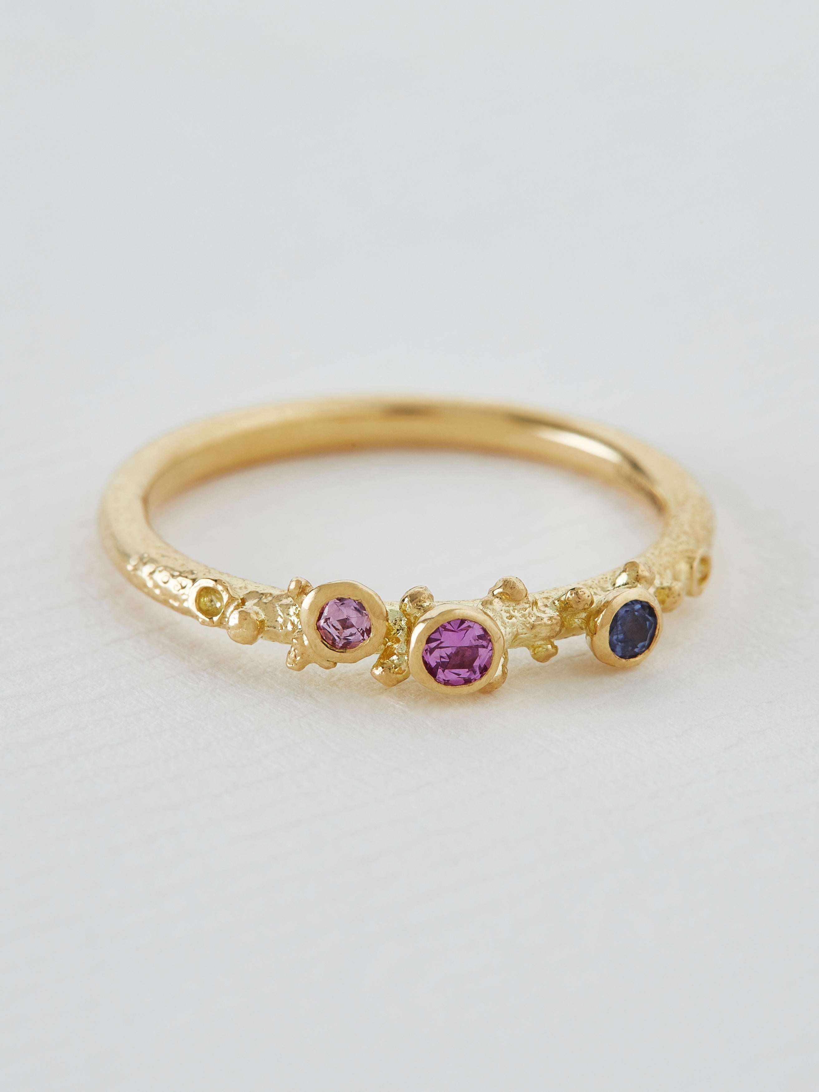 Coral Spray Ring with Three Bezel Set Lilac, Pink & Blue Sri Lankan Silky Sapphires - image 2 | silver