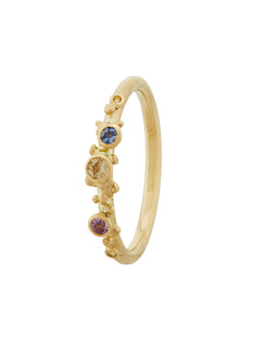 Coral Spray Ring with Three Bezel Set Blue, Gold & Purple Sri Lankan Silky Sapphires