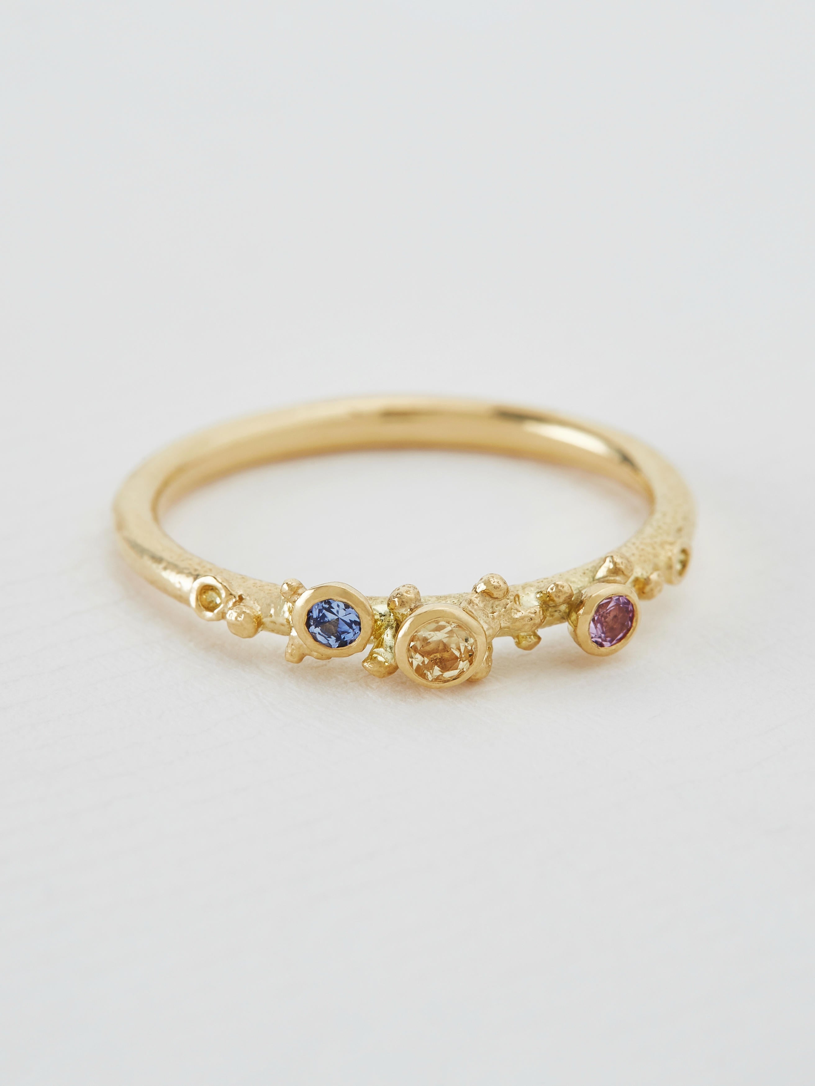 Coral Spray Ring with Three Bezel Set Blue, Gold & Purple Sri Lankan Silky Sapphires - image 2 | silver