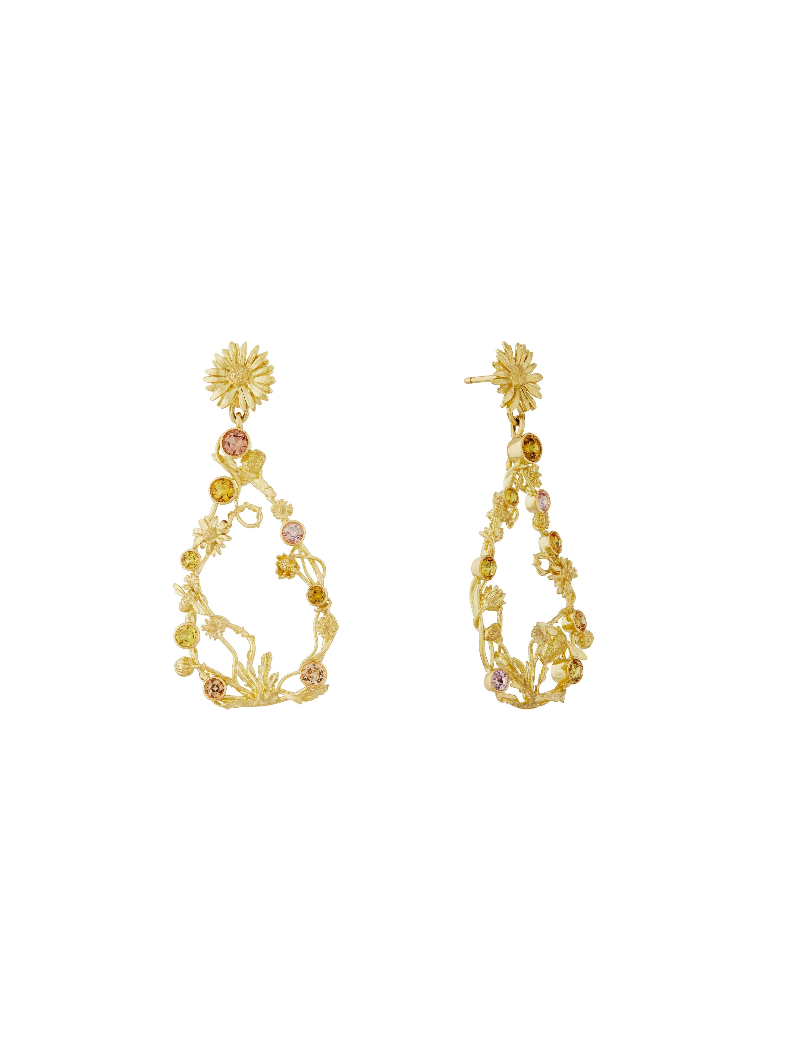Flower Garden Daisy Drop Earrings with Bees and Sapphires - image 1 | 18ct yellow gold