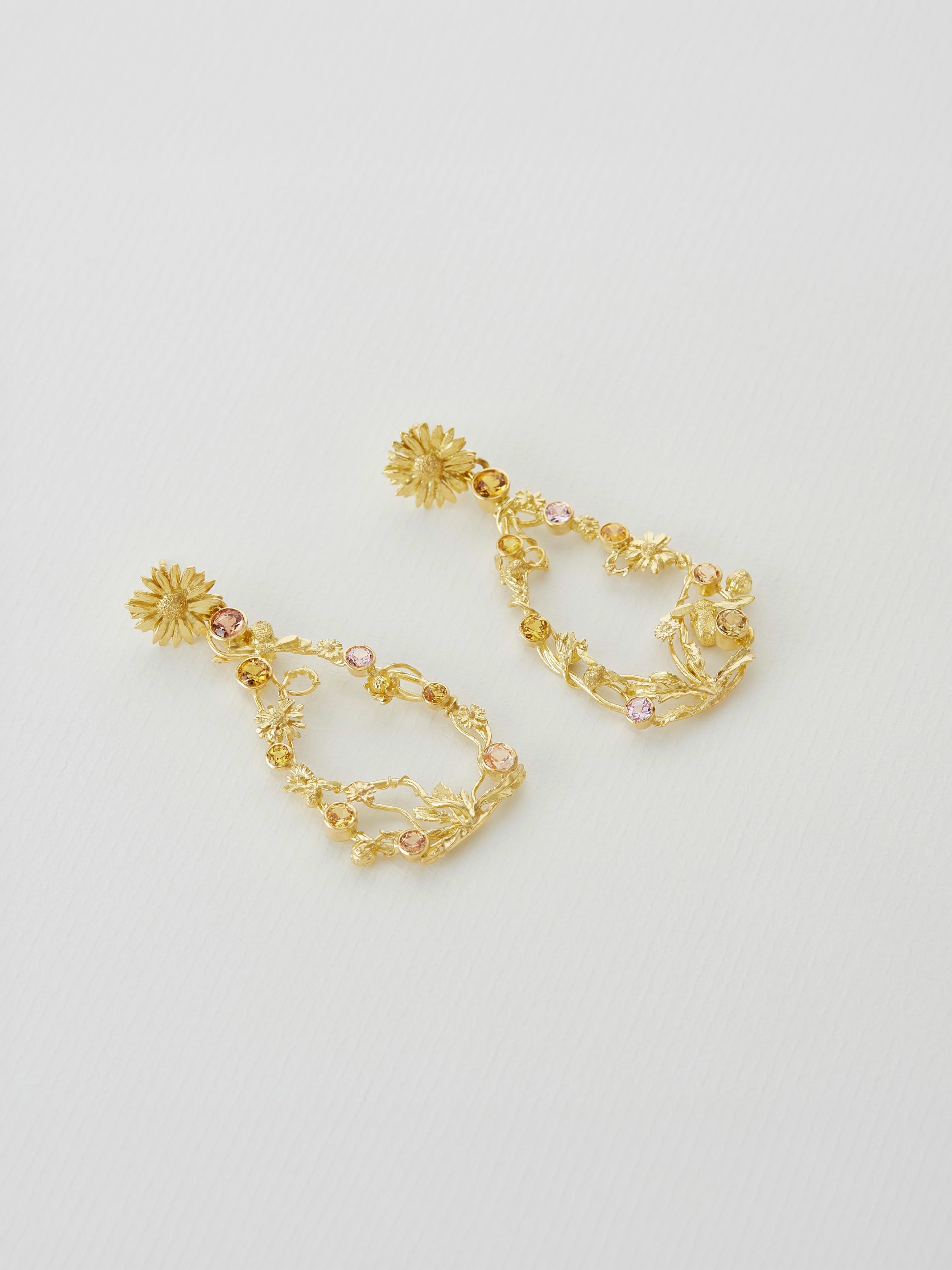 Flower Garden Daisy Drop Earrings with Bees and Sapphires - image 2 | 18ct yellow gold