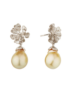 Heart Seed Flower Stud Earrings, with Golden Southsea Pearl Drops