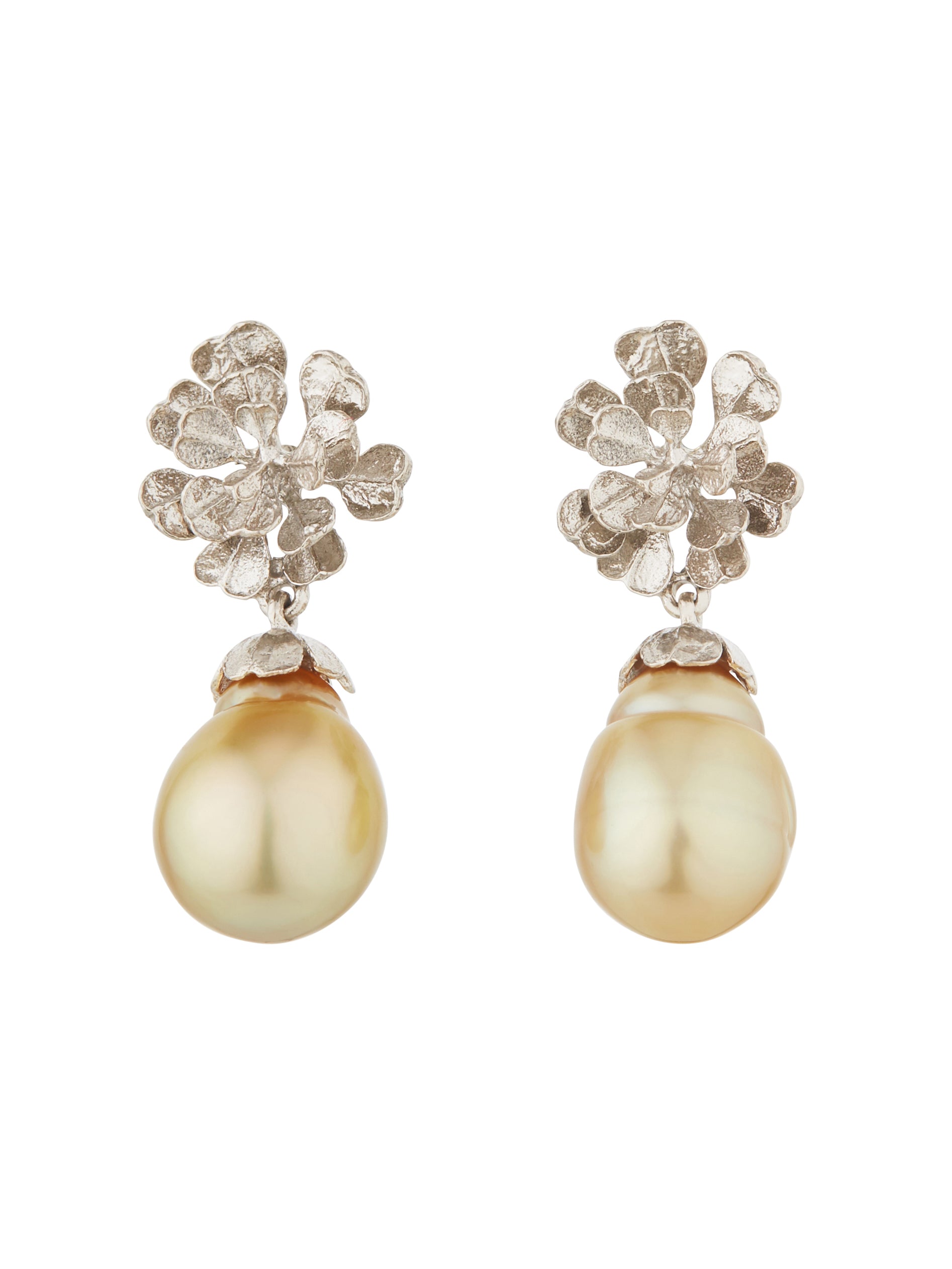 Heart Seed Flower Stud Earrings, with Golden Southsea Pearl Drops - image 3 | 18ct white gold