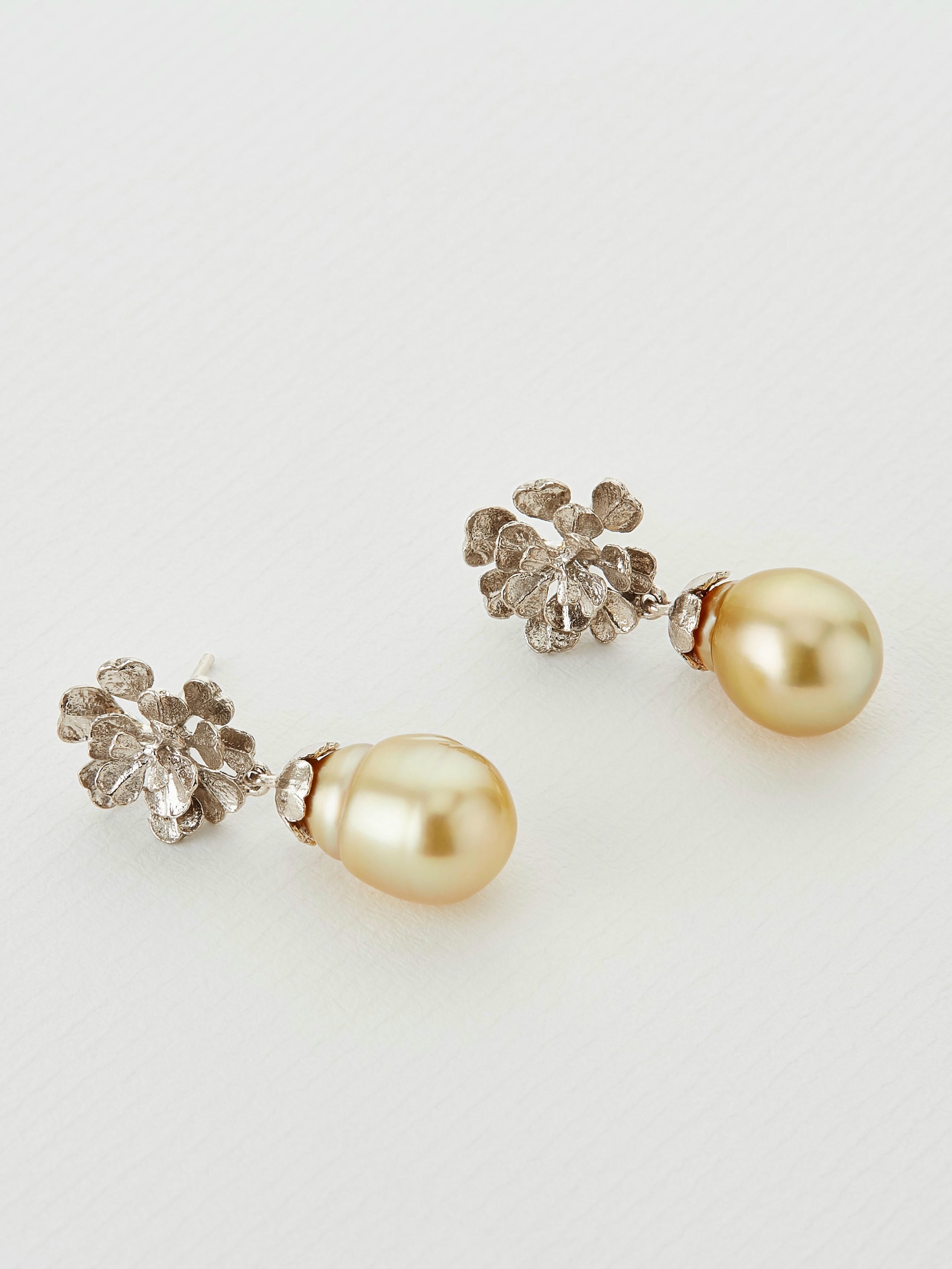 Heart Seed Flower Stud Earrings, with Golden Southsea Pearl Drops - image 2 | 18ct white gold