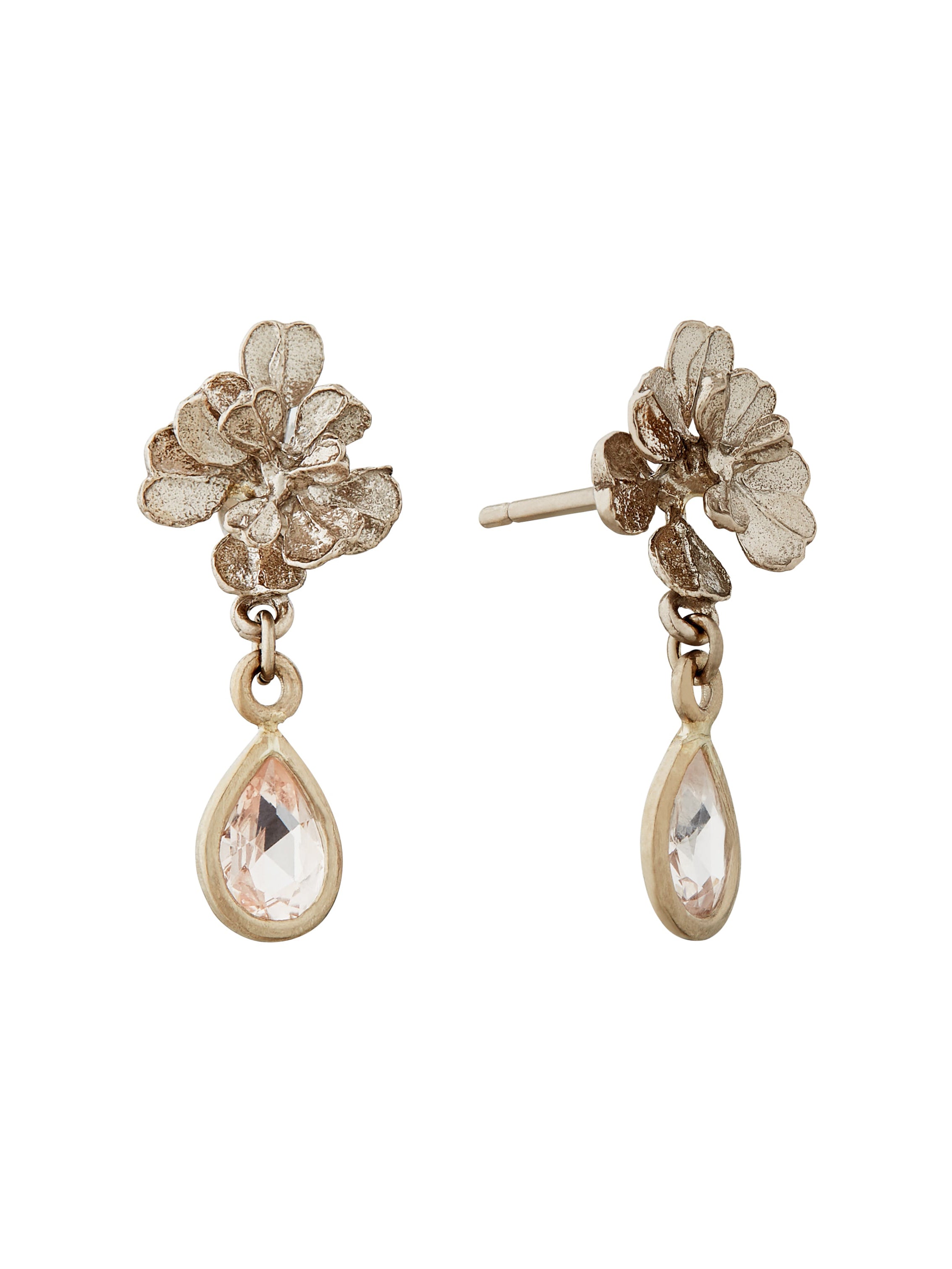 Small Heart Seed Flower Stud Earrings with Peach - Lilac Sapphire Drops - image 1 | 18ct white gold
