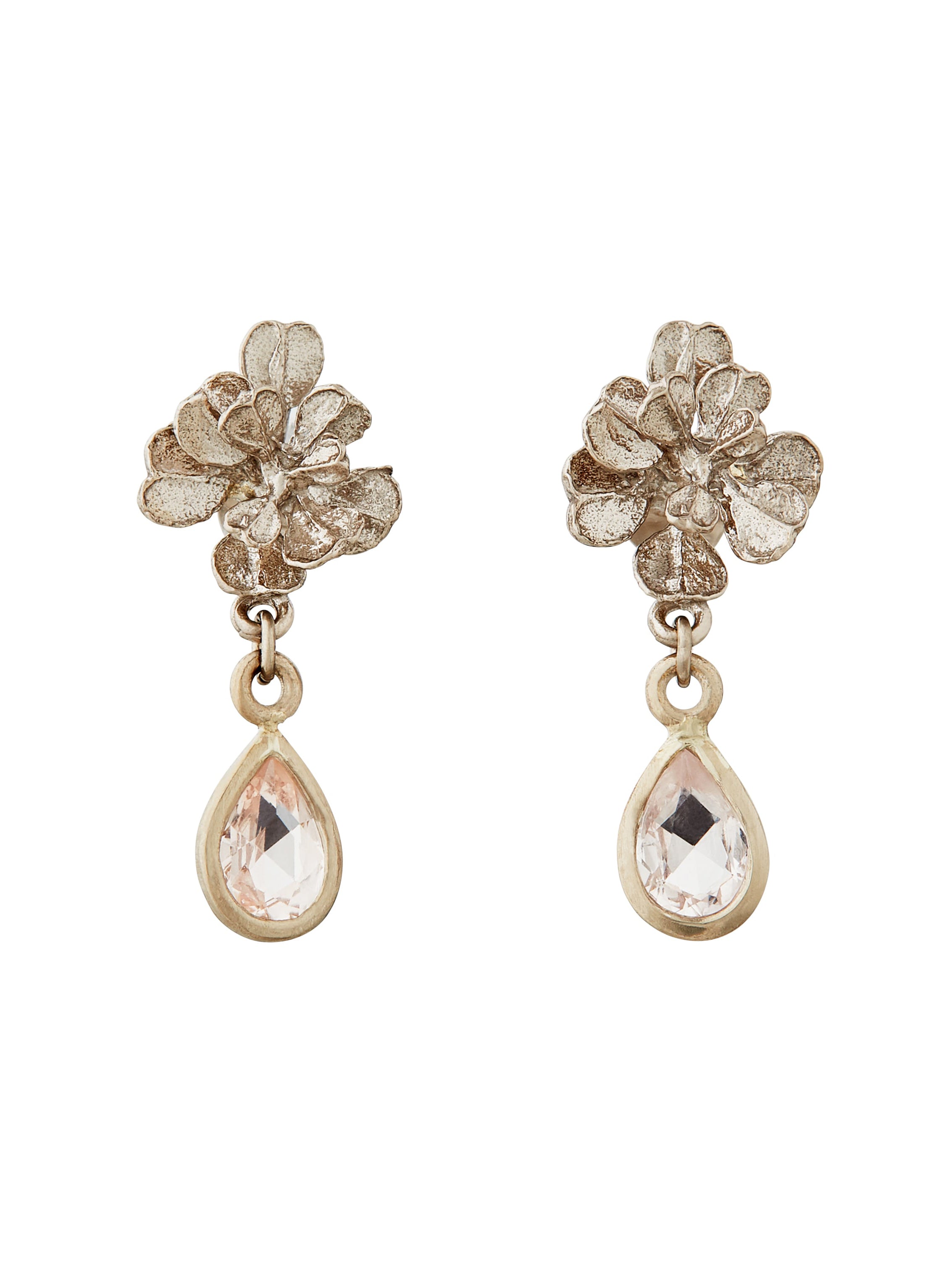Small Heart Seed Flower Stud Earrings with Peach - Lilac Sapphire Drops - image 3 | 18ct white gold