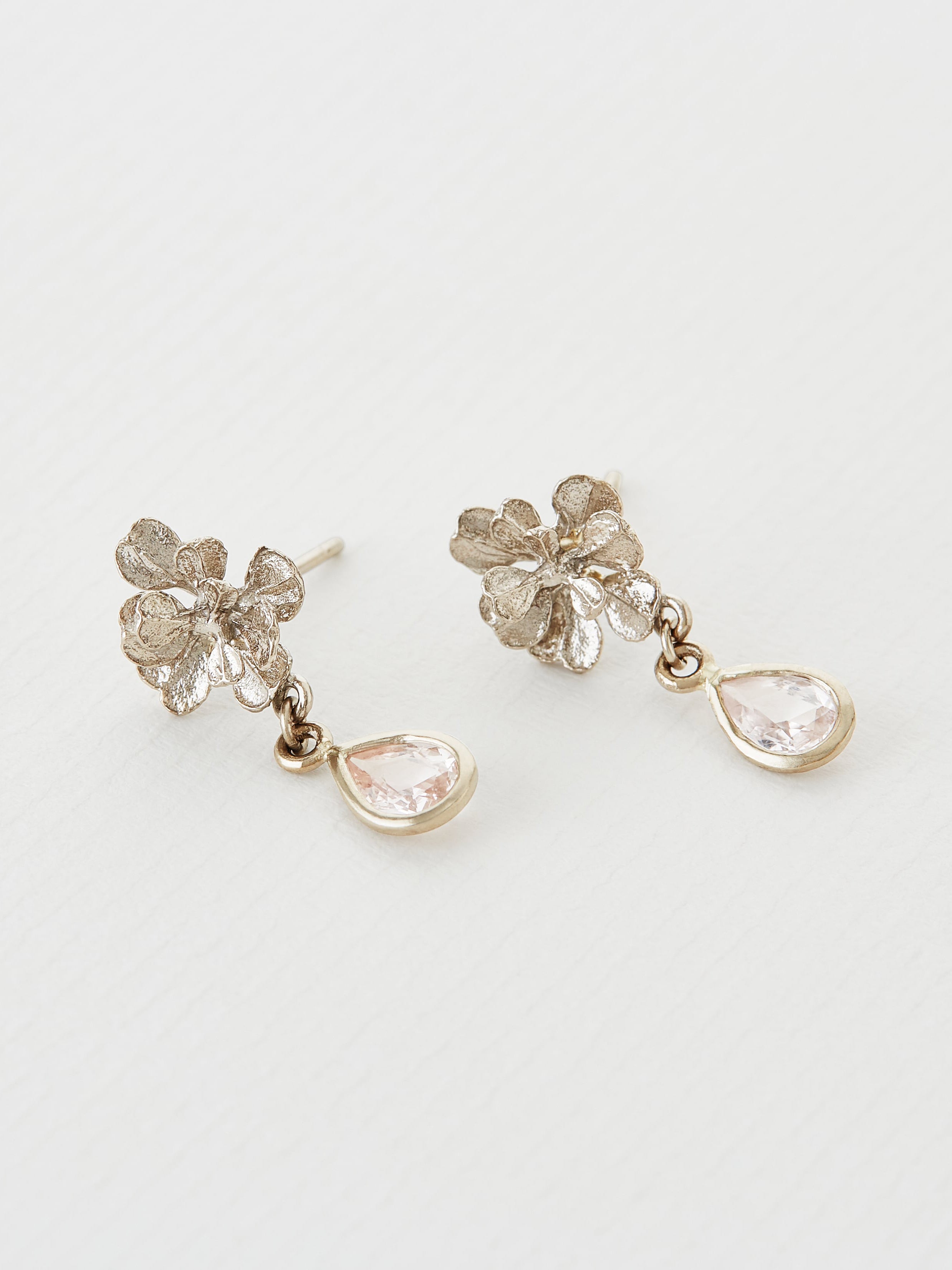Small Heart Seed Flower Stud Earrings with Peach - Lilac Sapphire Drops - image 2 | 18ct white gold