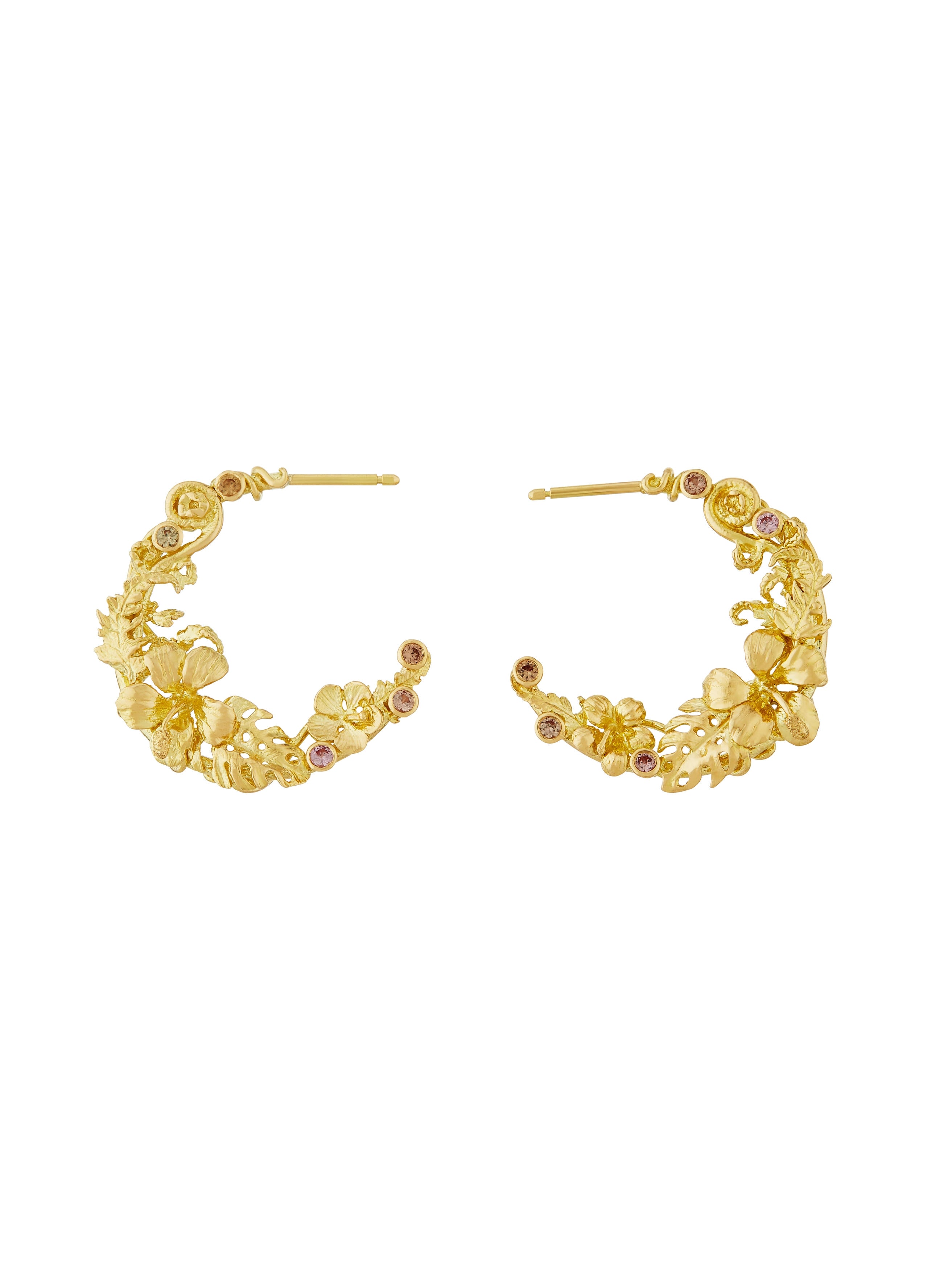 Tropical Leaf & Flower Hoops with Padparadscha Sapphires - image 3 | 18ct yellow gold