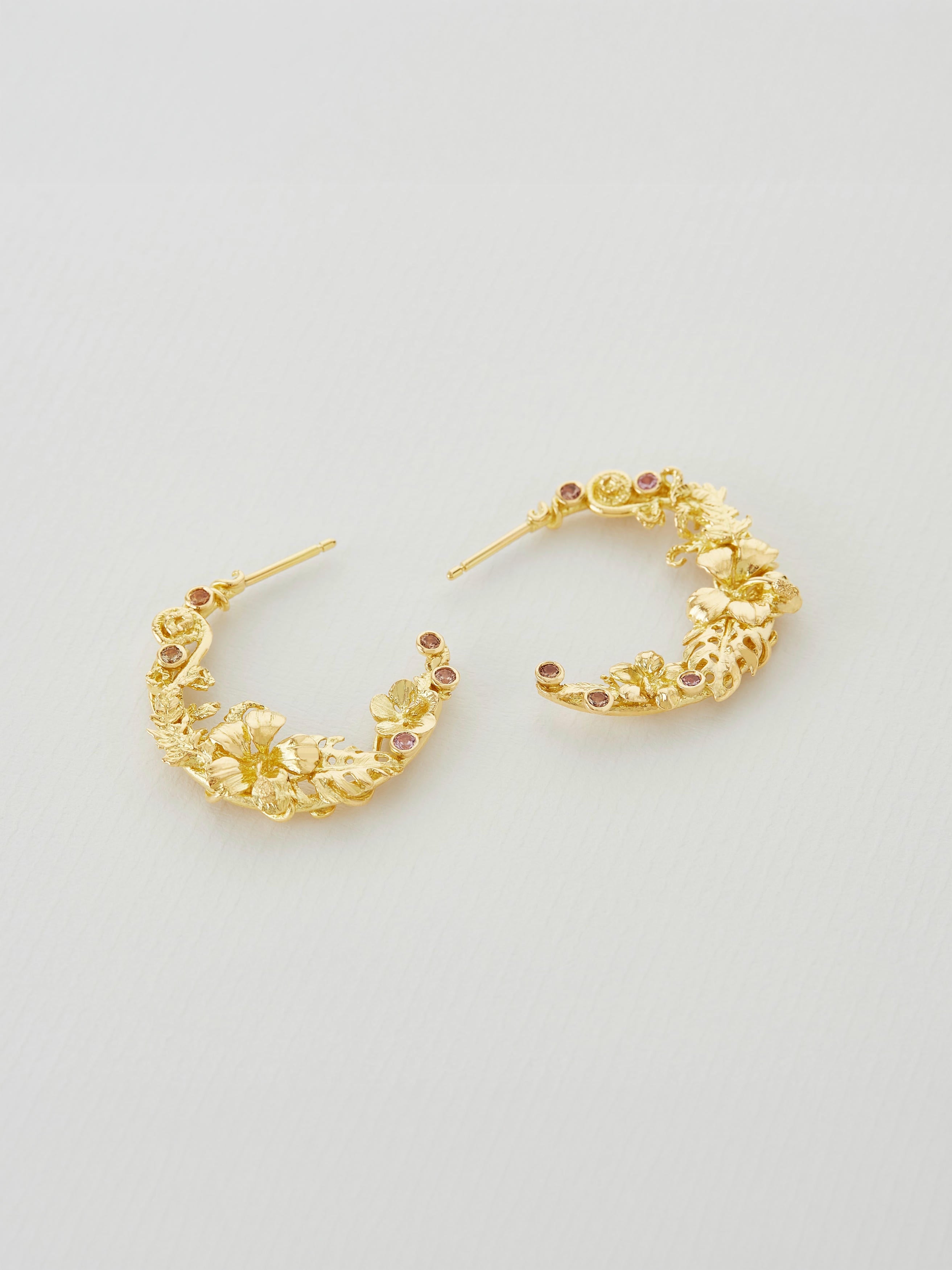 Tropical Leaf & Flower Hoops with Padparadscha Sapphires - image 2 | 18ct yellow gold