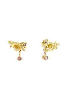 Crawler Drop Earrings with Dog Rose Flowers and Leaves With Bezel Set Rose Sapphires