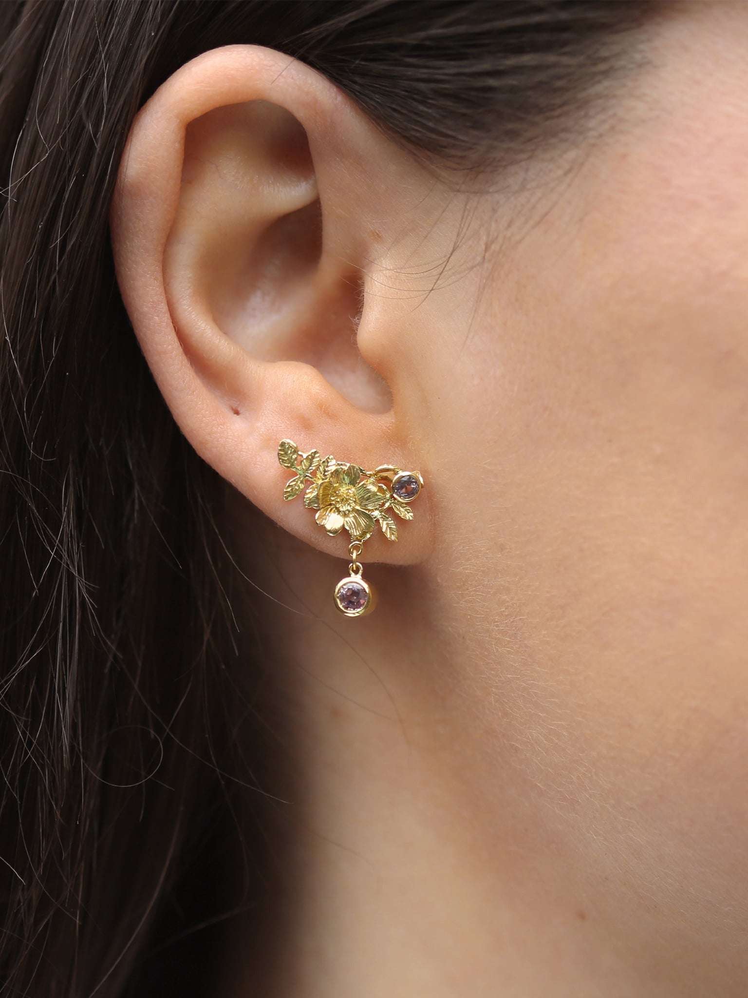 Crawler Drop Earrings with Dog Rose Flowers and Leaves With Bezel Set Rose Sapphires - image 2
