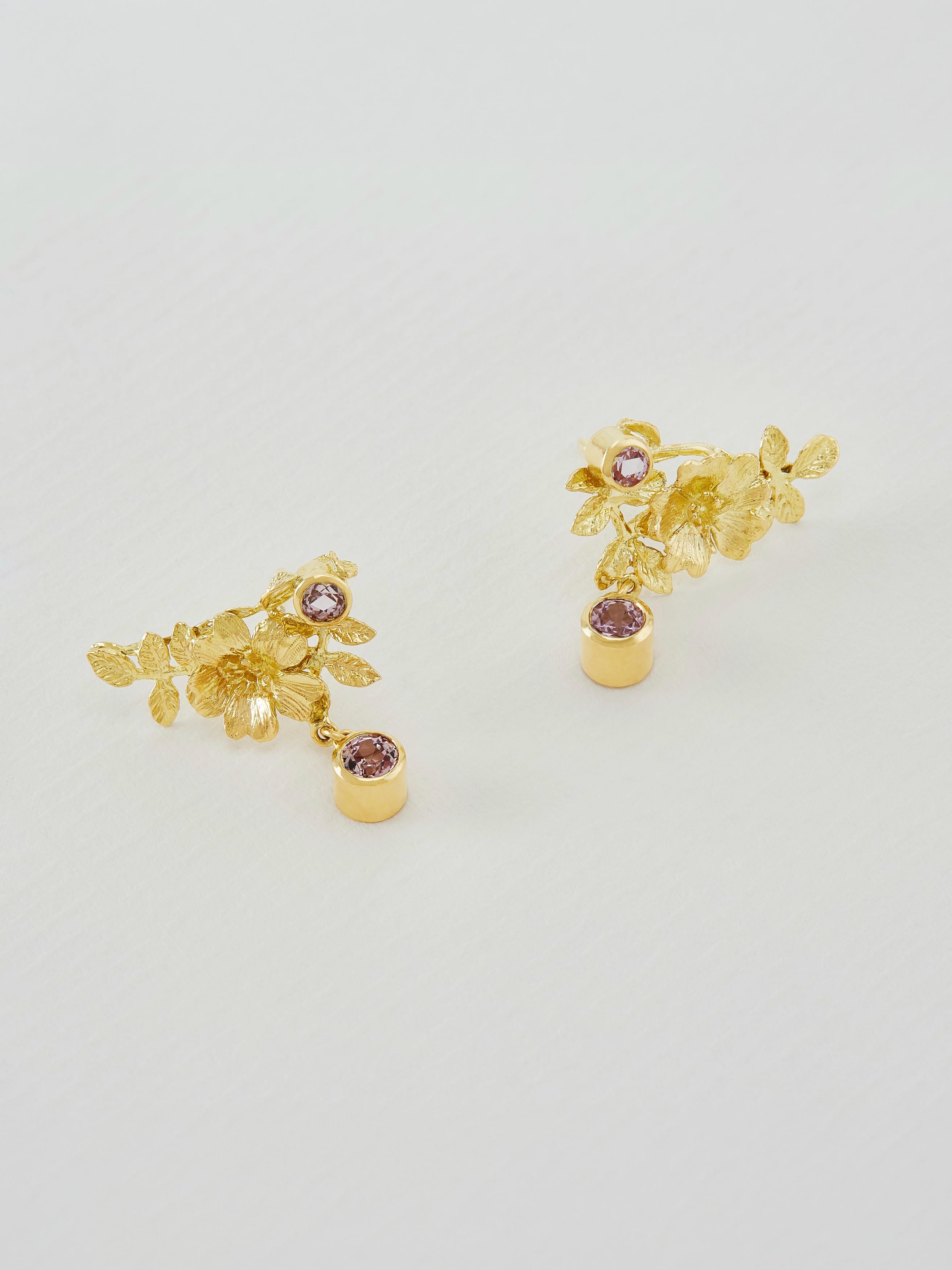 Crawler Drop Earrings with Dog Rose Flowers and Leaves With Bezel Set Rose Sapphires - image 3 | 18ct yellow gold