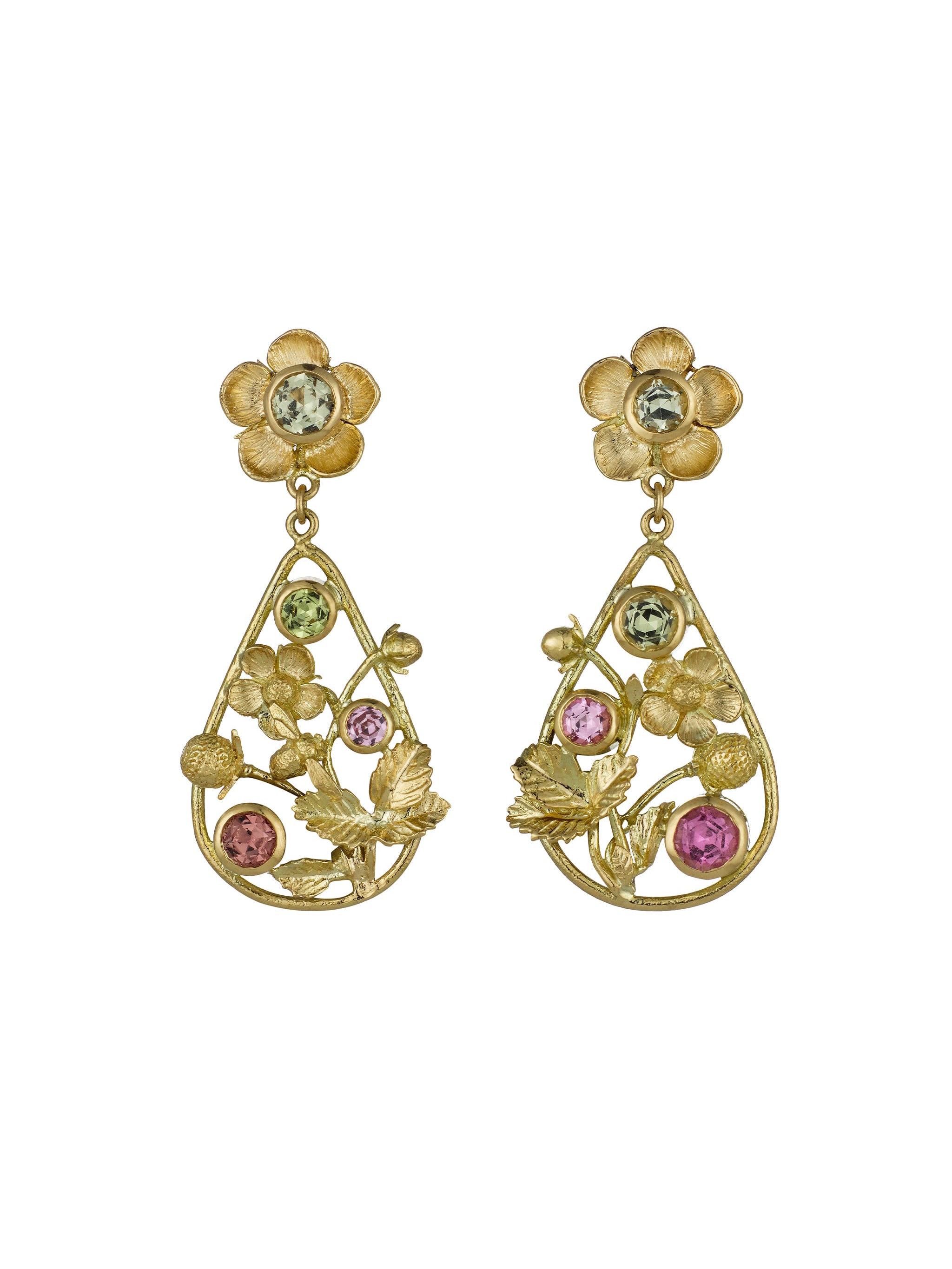 Strawberry Blossom Drop Earrings with Bezel Set - image 1 | 18ct yellow gold