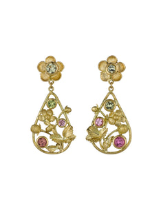 Strawberry Blossom Drop Earrings with Bezel Set