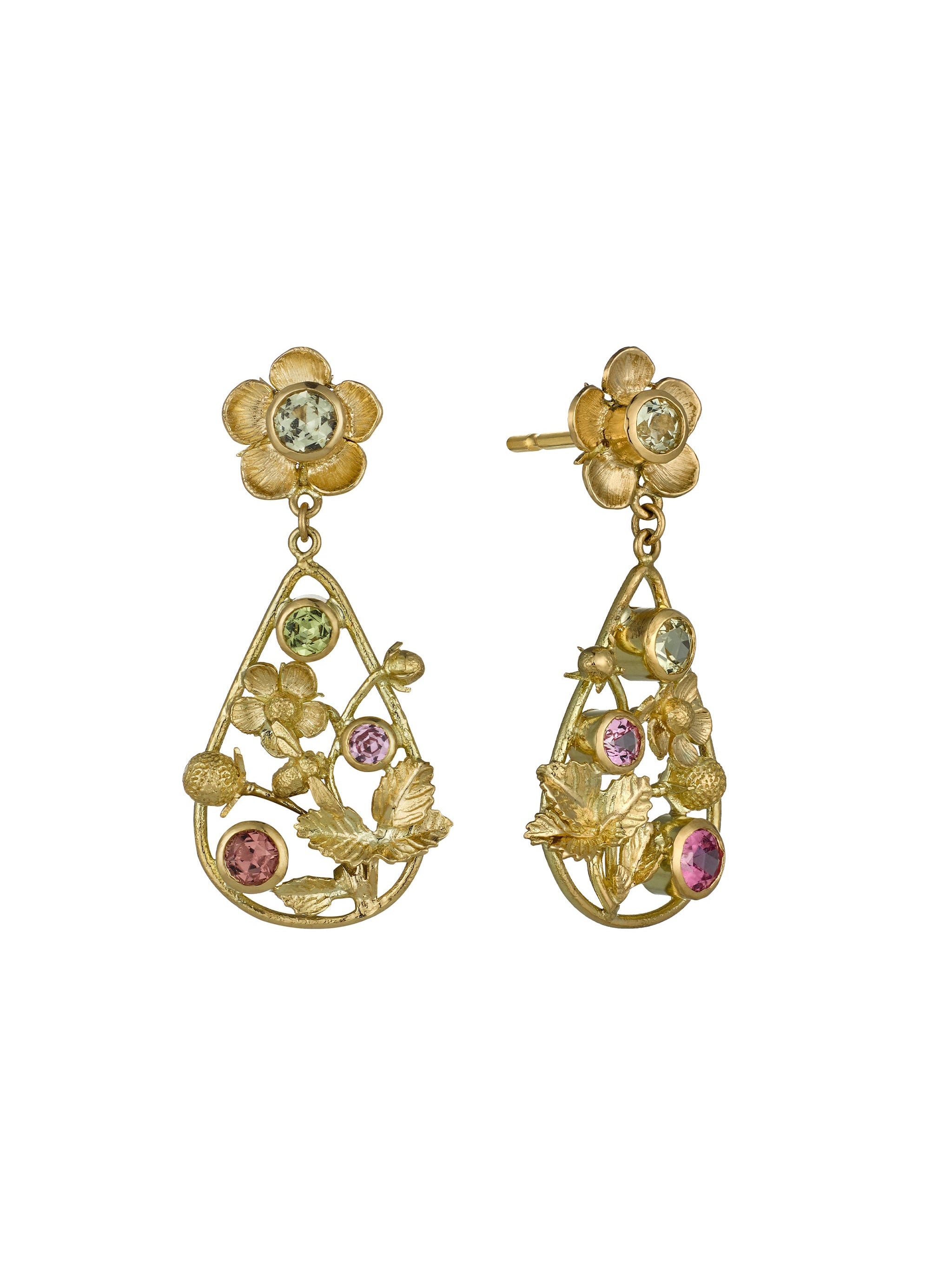 Strawberry Blossom Drop Earrings with Bezel Set - image 4 | 18ct yellow gold