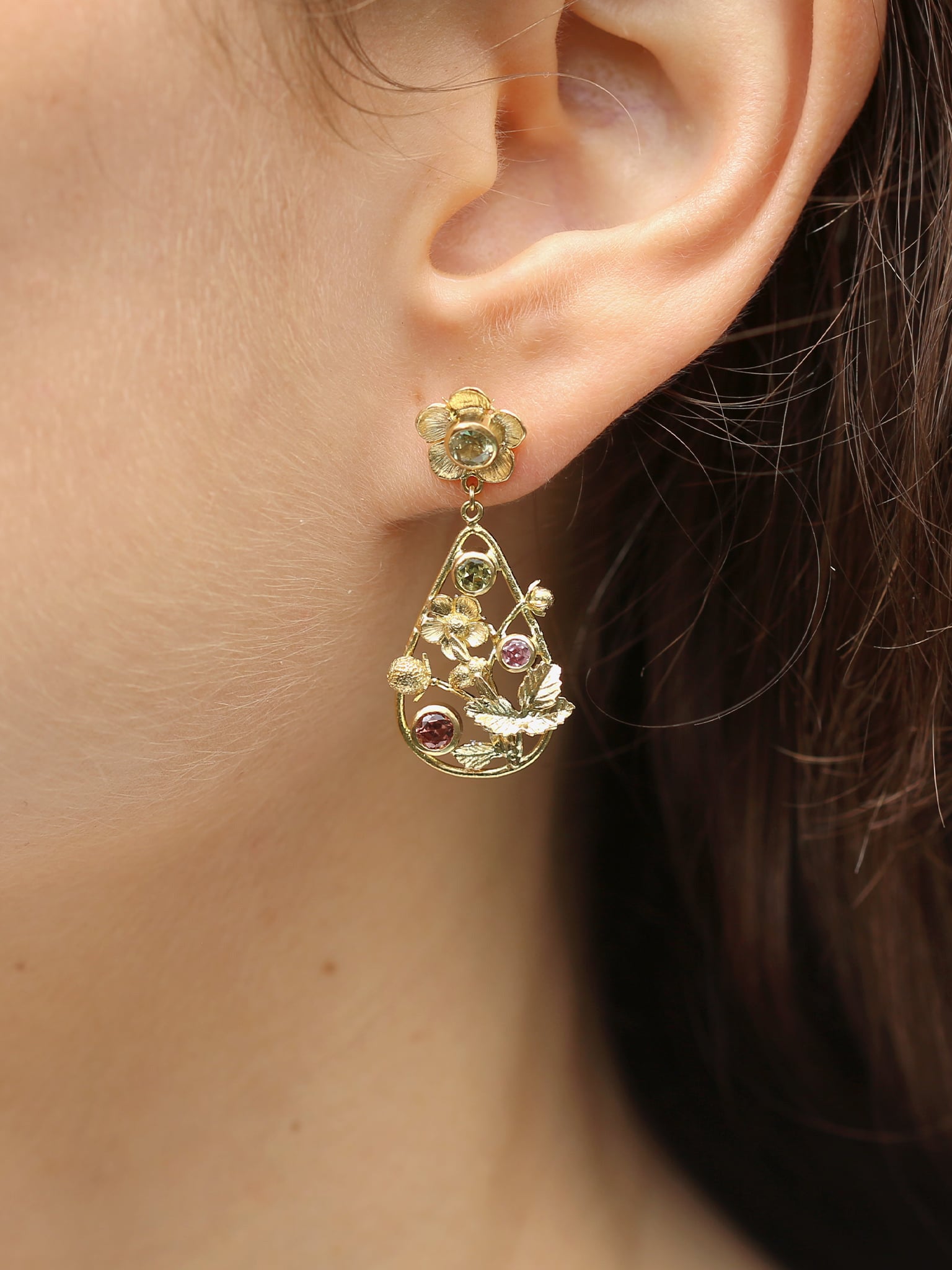 Strawberry Blossom Drop Earrings with Bezel Set - image 2