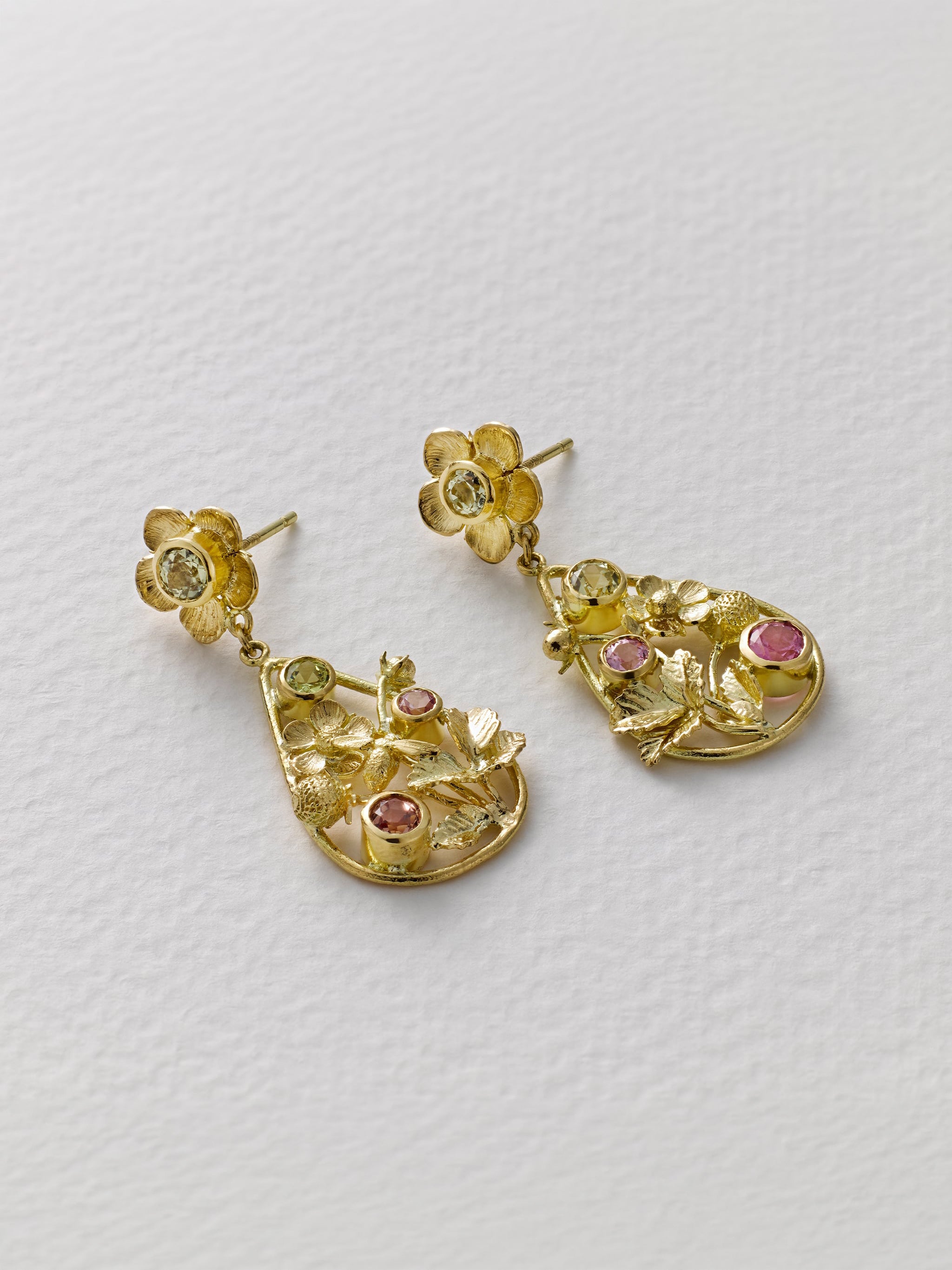 Strawberry Blossom Drop Earrings with Bezel Set - image 3 | 18ct yellow gold
