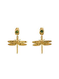 Floral Engraved Dragonfly Drop Huggie Hoop Earrings with Tourmalines and Blue & Green Diamonds