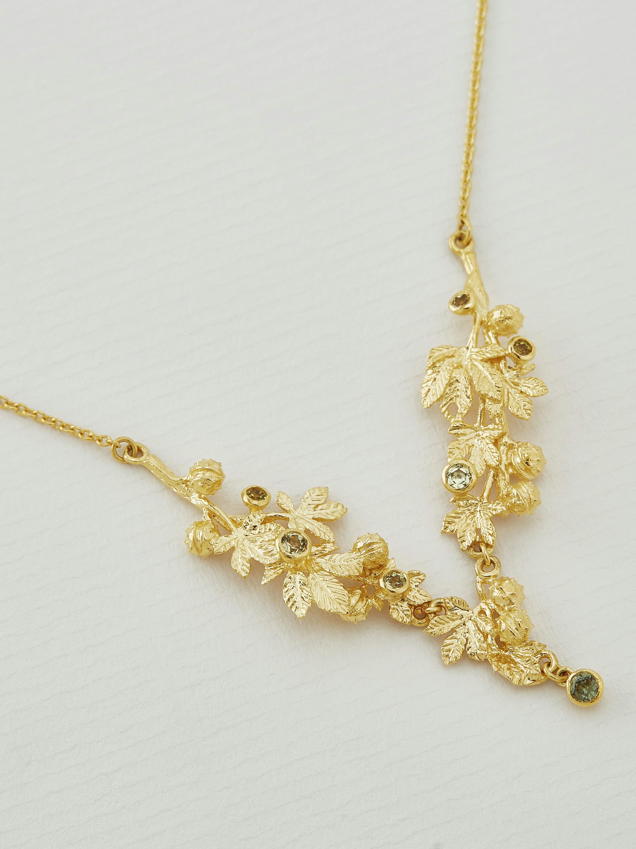 Horse chestnut Cascading Necklace with Green Madagascan Sapphires - image 2 | 18ct yellow gold