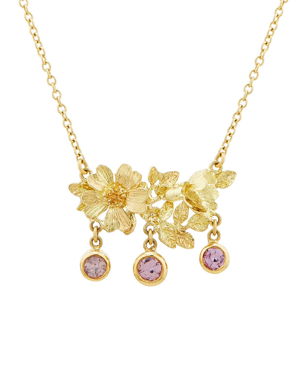 In-line Necklace With Dog Roses and Leaves with 3 Bezel Set Sapphires