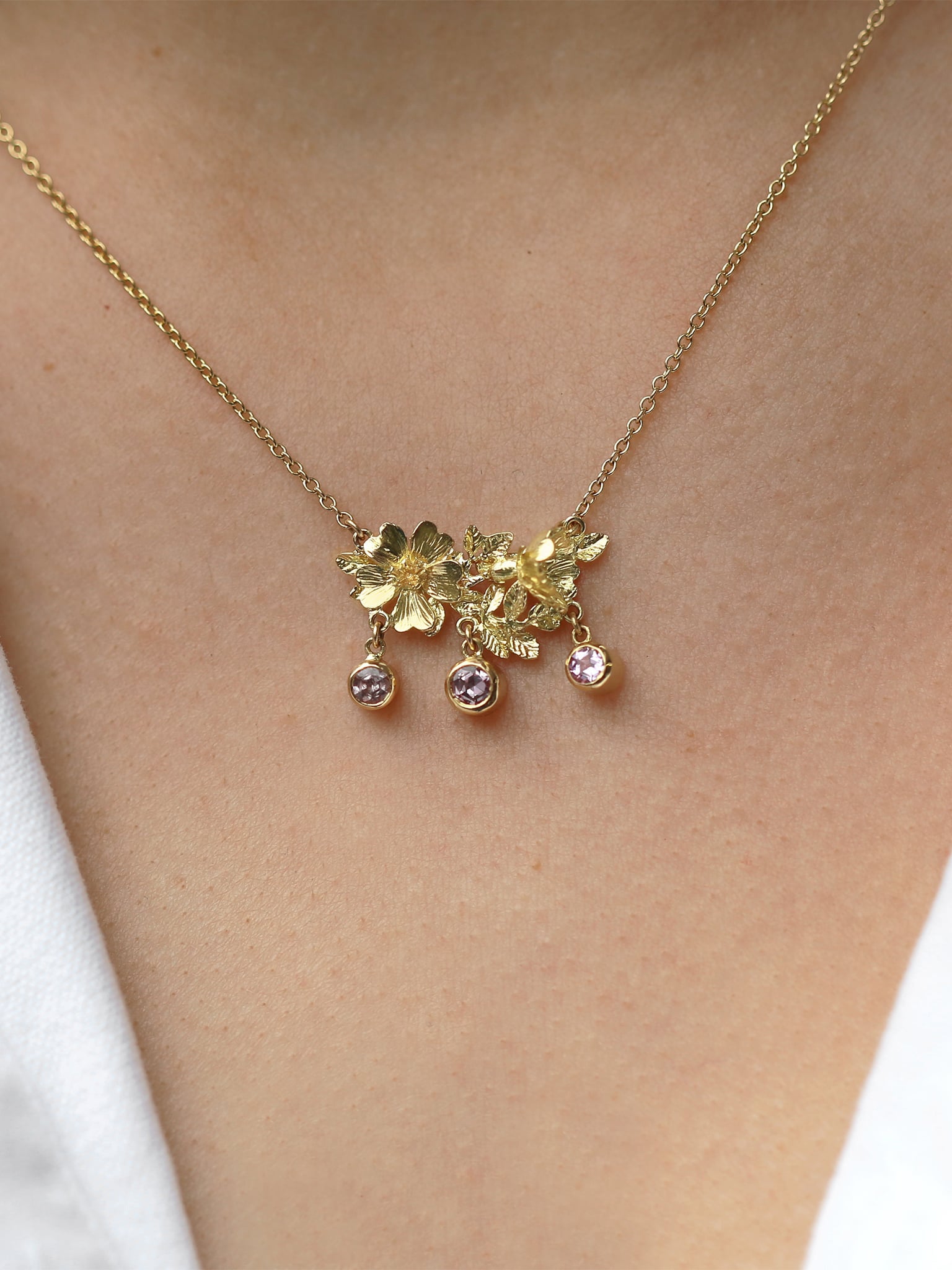 In-line Necklace With Dog Roses and Leaves with 3 Bezel Set Sapphires - image 2