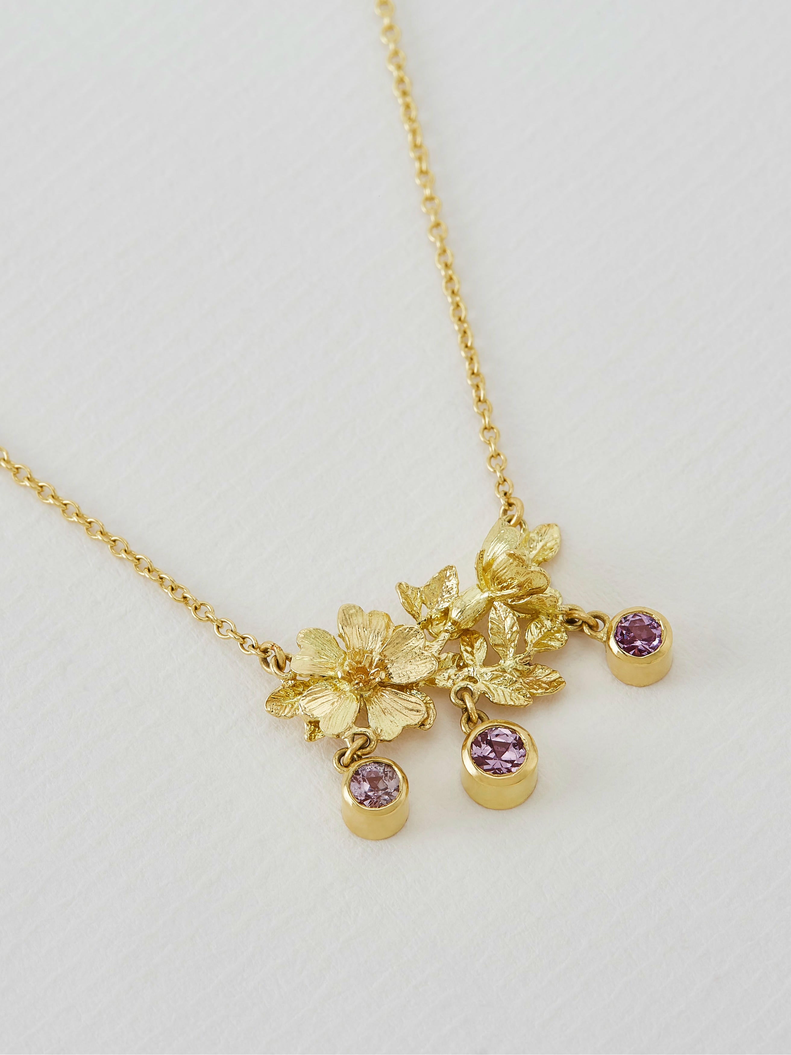 In-line Necklace With Dog Roses and Leaves with 3 Bezel Set Sapphires - image 3 | 18ct yellow gold