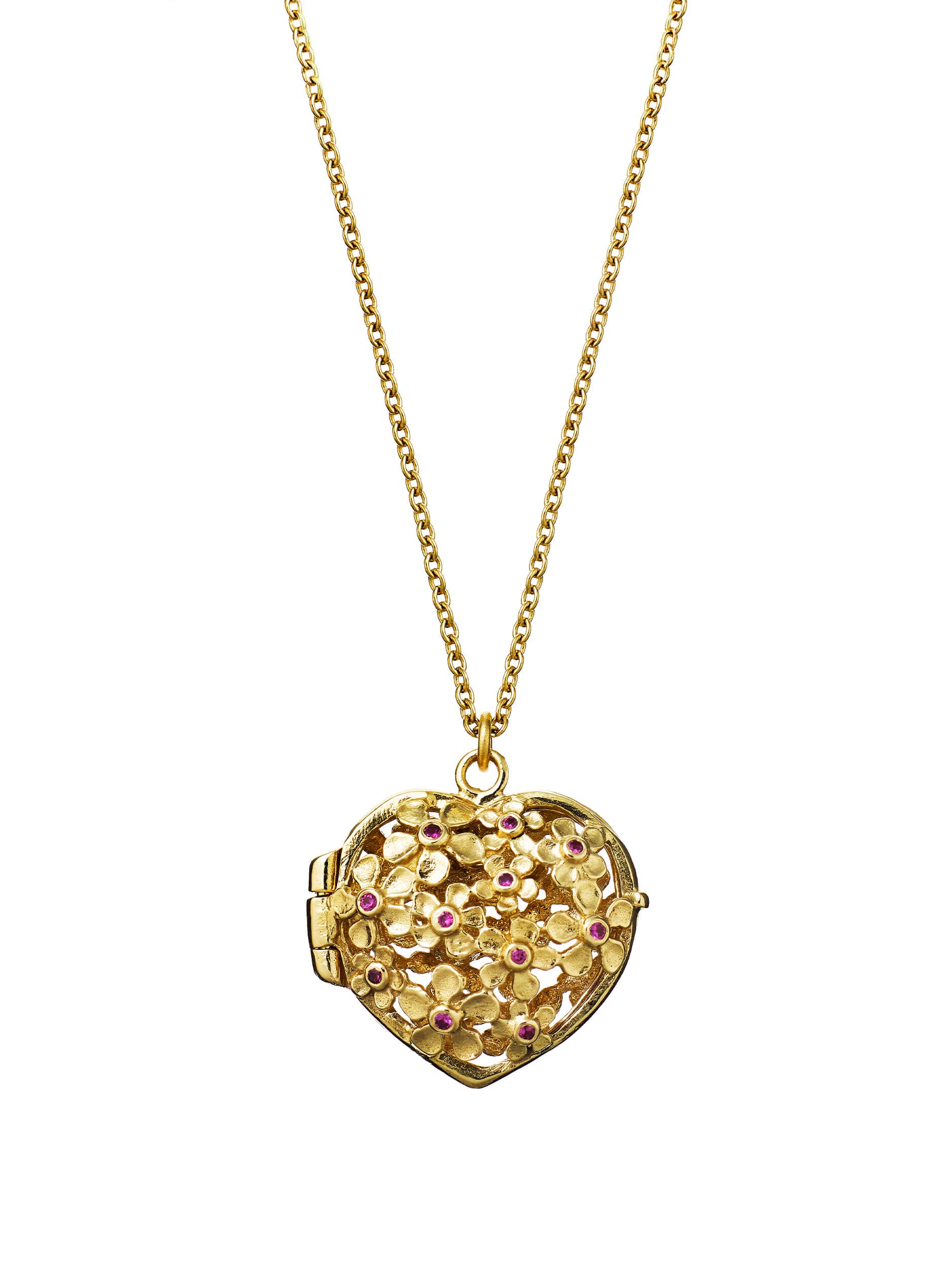 Heart Flower Locket with Madagascan Rubies and Hidden Teeny Tiny Bumblebee - image 1 | 18ct yellow gold
