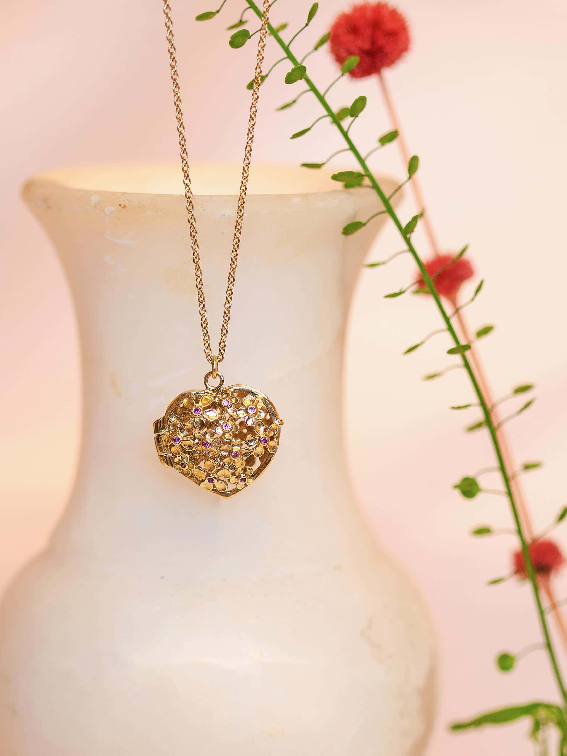 Heart Flower Locket with Madagascan Rubies and Hidden Teeny Tiny Bumblebee - image 2