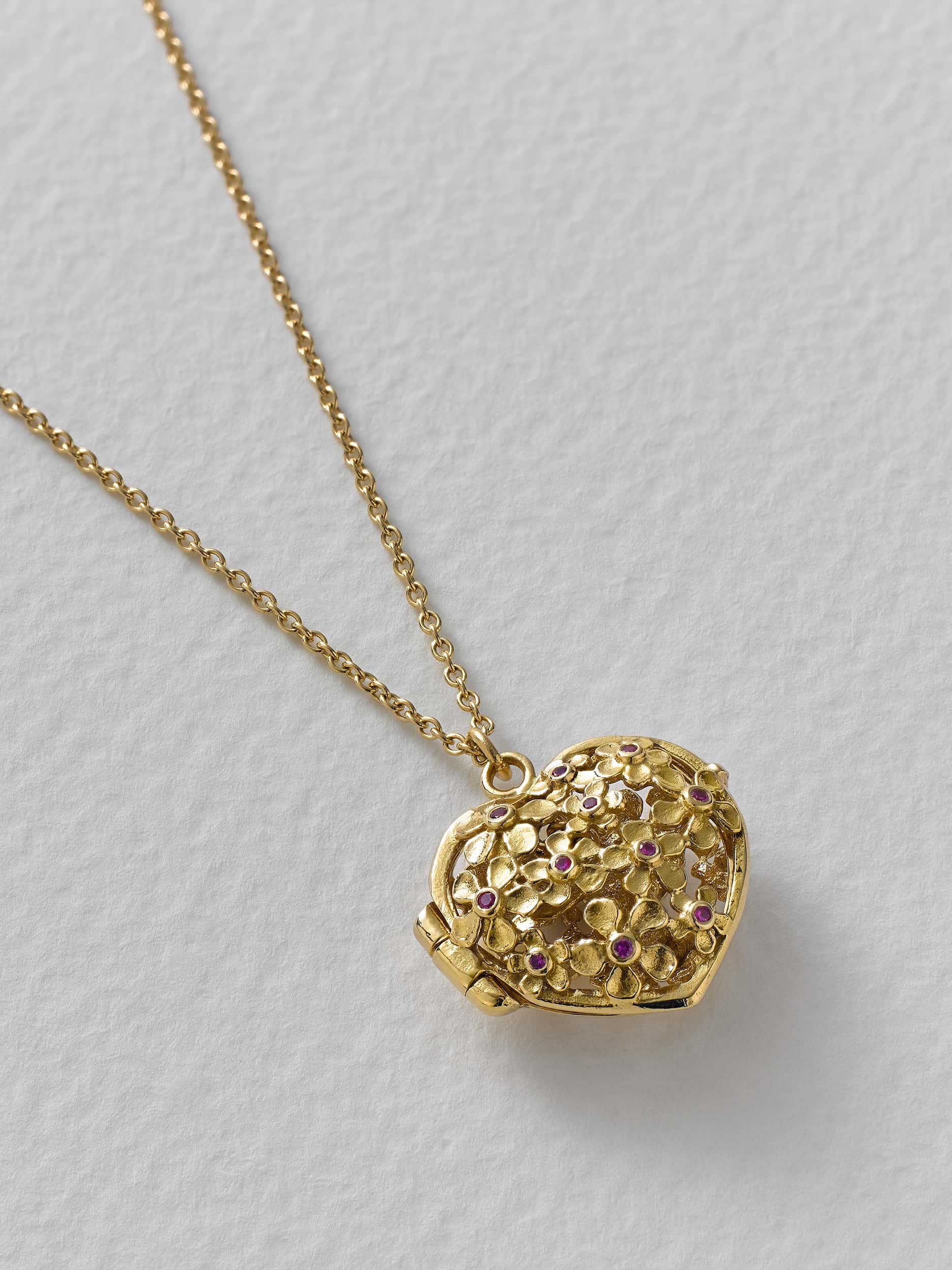Heart Flower Locket with Madagascan Rubies and Hidden Teeny Tiny Bumblebee - image 3 | 18ct yellow gold