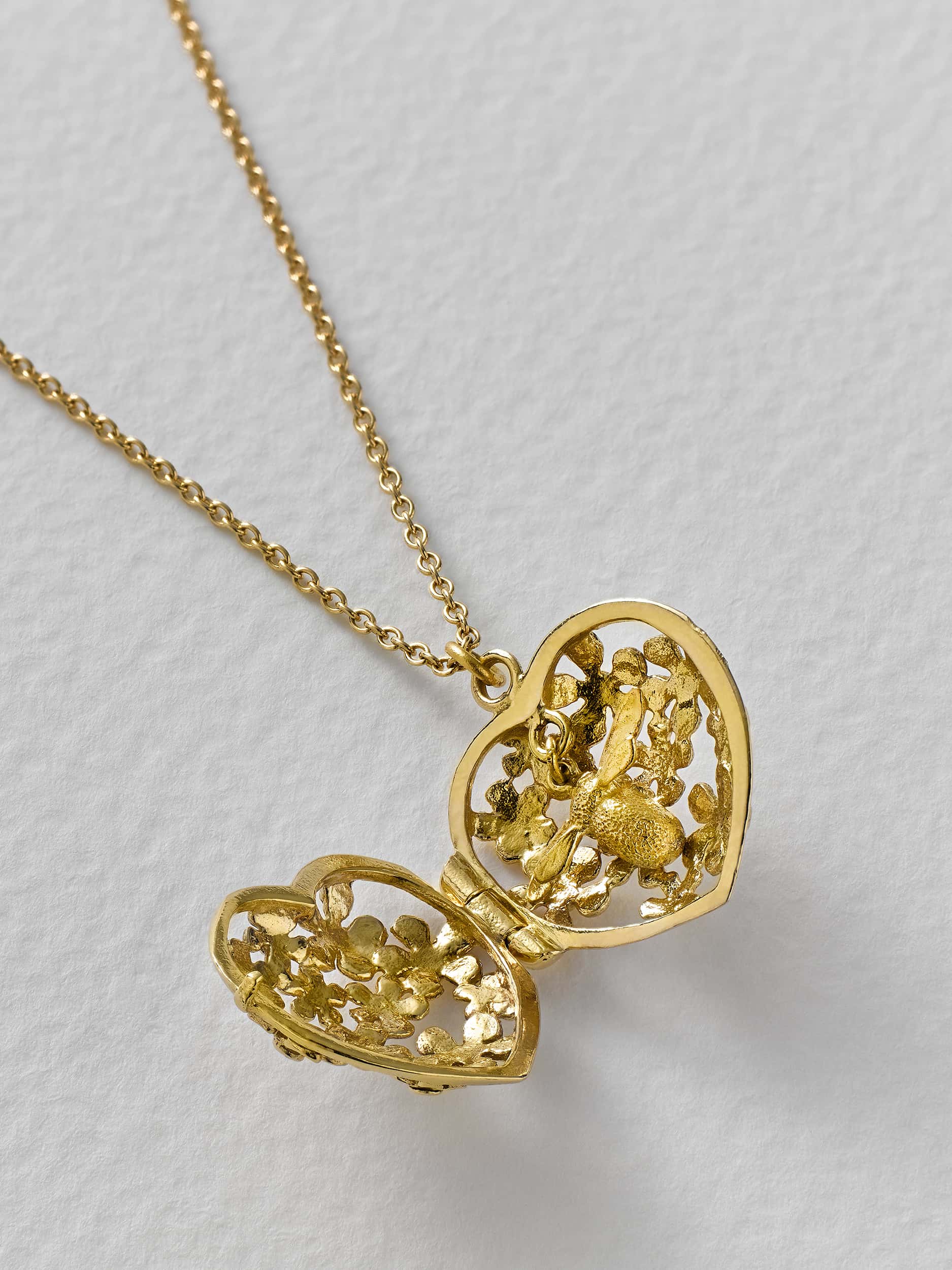 Heart Flower Locket with Madagascan Rubies and Hidden Teeny Tiny Bumblebee - image 4 | 18ct yellow gold