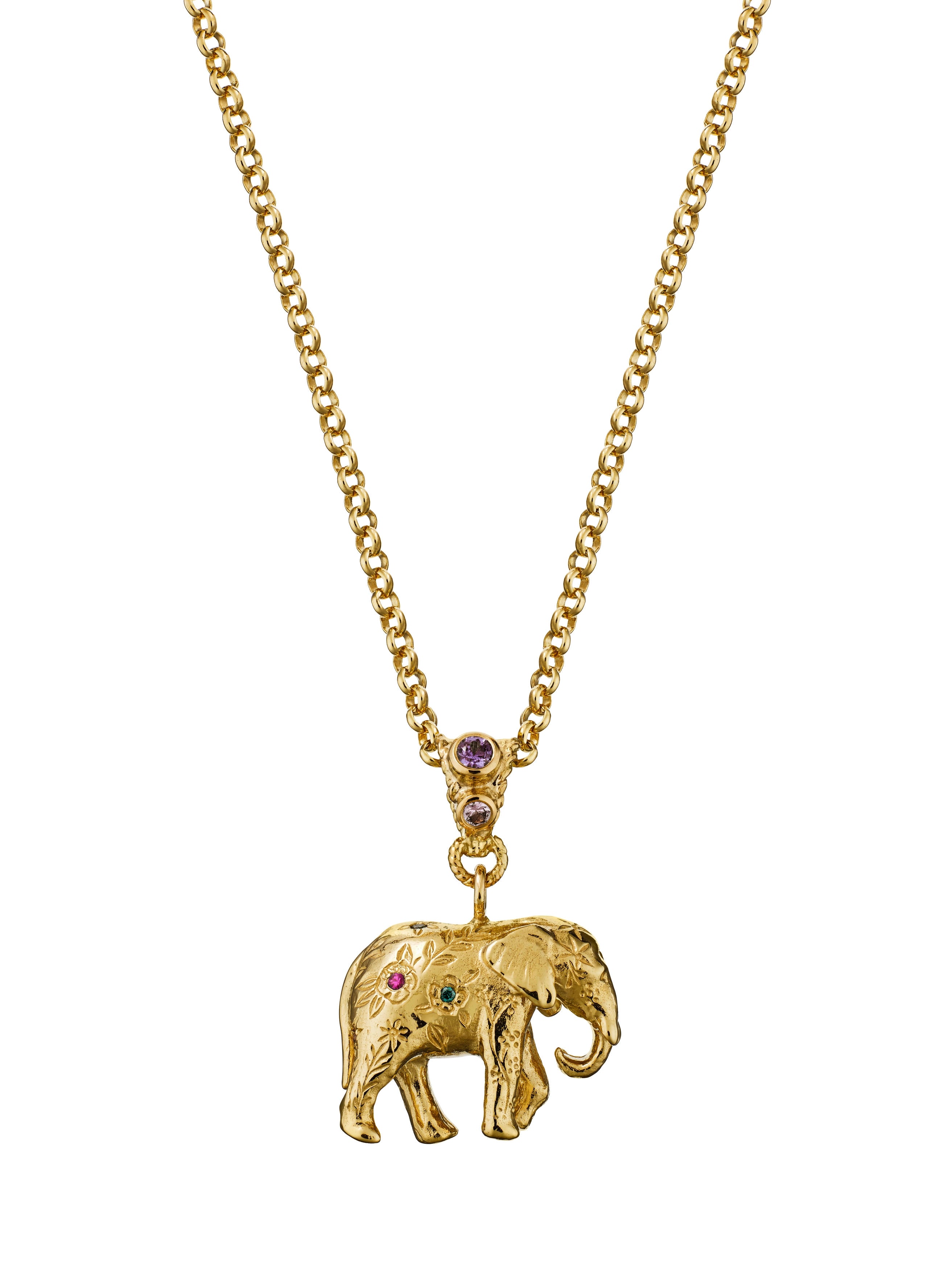 Floral Engraved Elephant Necklace with Rainbow Sapphires and Diamonds - image 1 | 18ct yellow gold