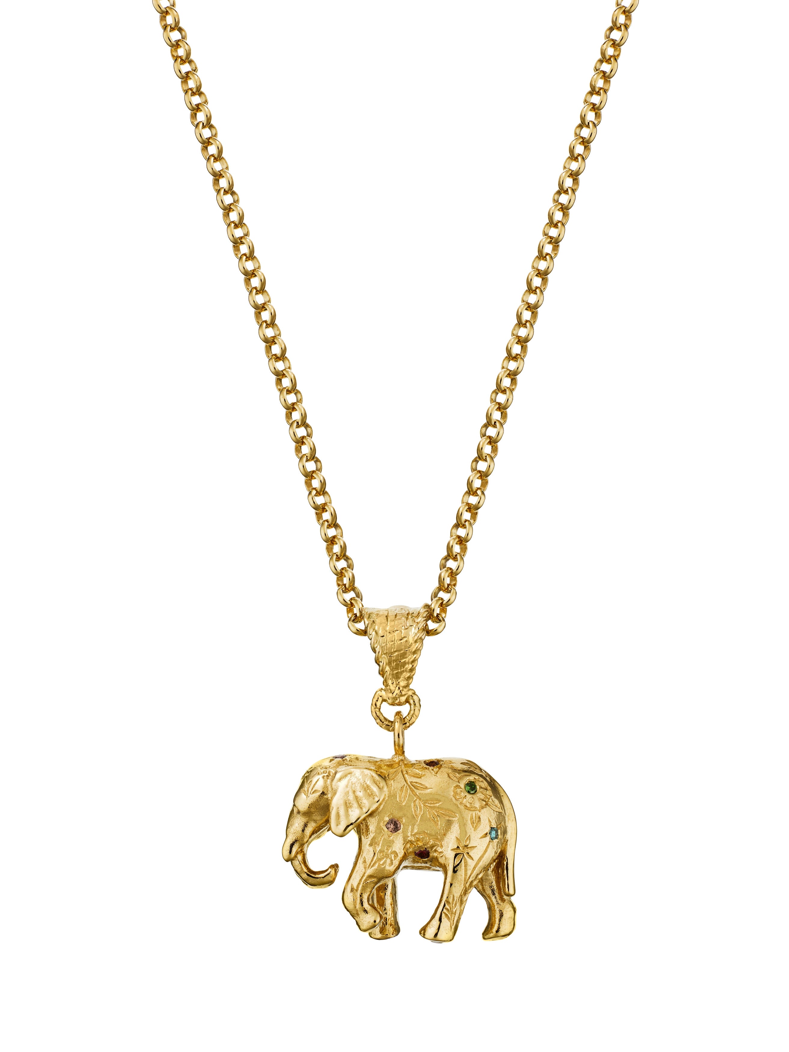 Floral Engraved Elephant Necklace with Rainbow Sapphires and Diamonds - image 2 | 18ct yellow gold