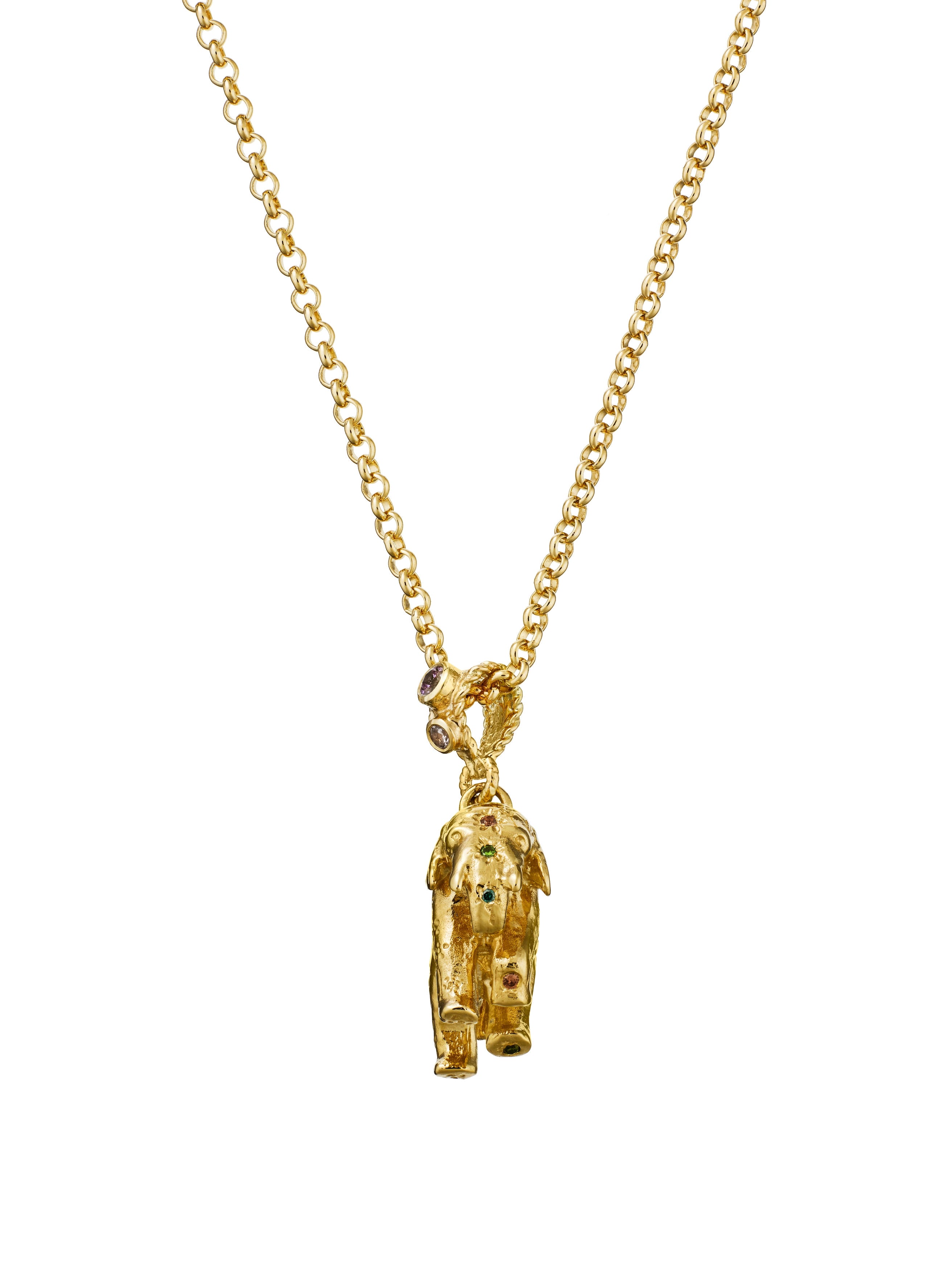Floral Engraved Elephant Necklace with Rainbow Sapphires and Diamonds - image 3 | 18ct yellow gold