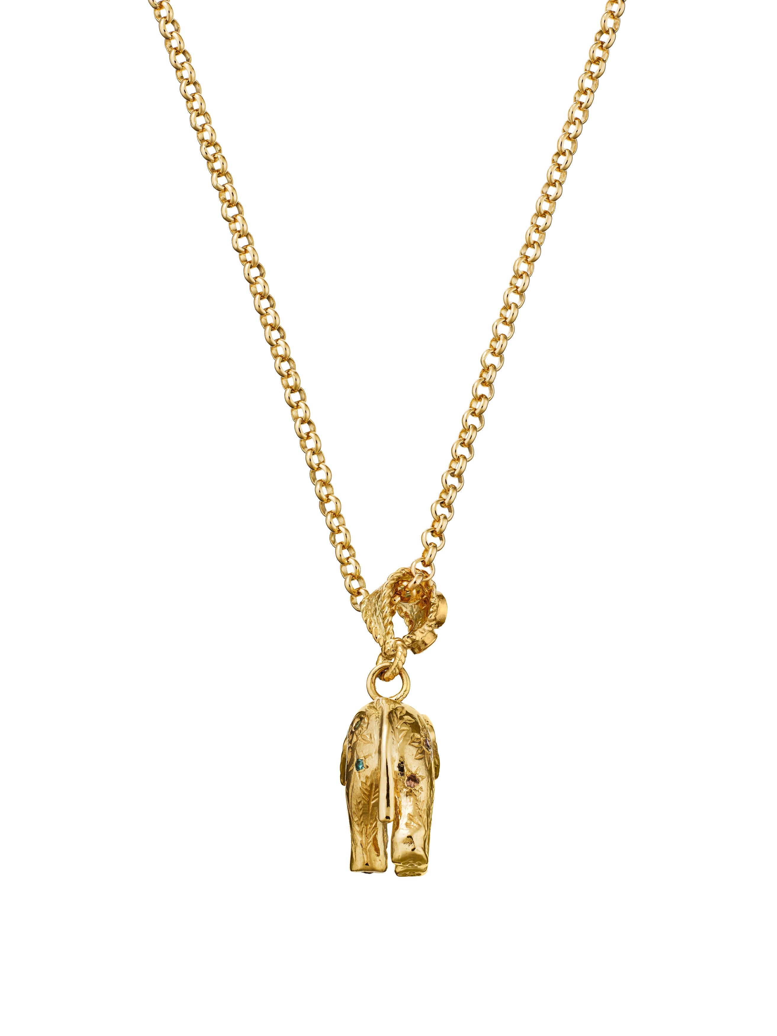 Floral Engraved Elephant Necklace with Rainbow Sapphires and Diamonds - image 4 | 18ct yellow gold