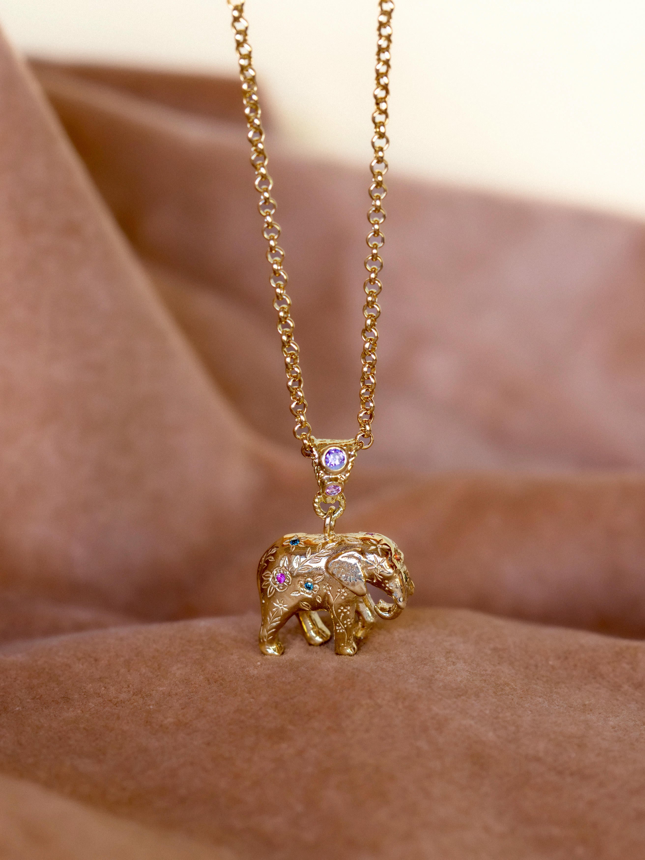 Floral Engraved Elephant Necklace with Rainbow Sapphires and Diamonds - image 6