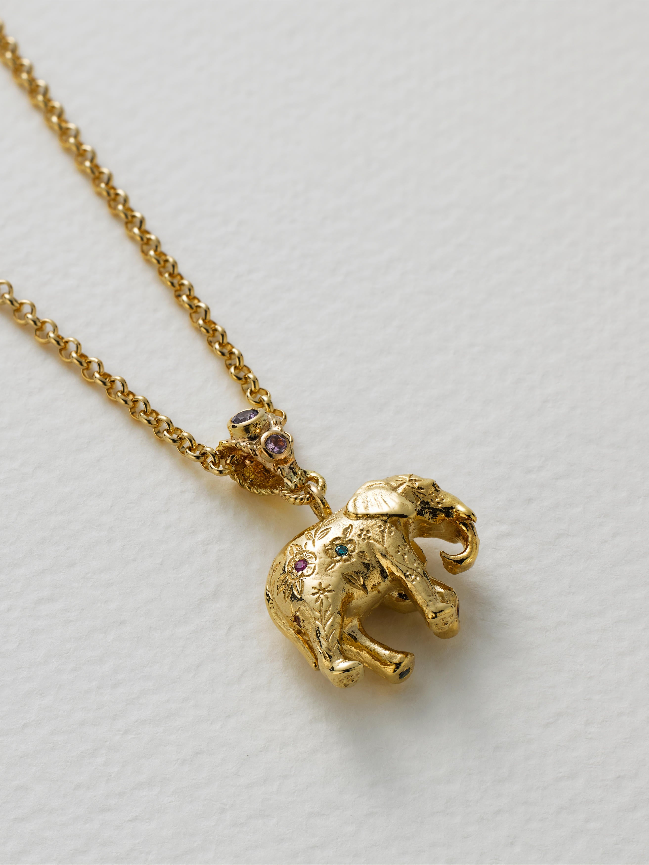 Floral Engraved Elephant Necklace with Rainbow Sapphires and Diamonds - image 7